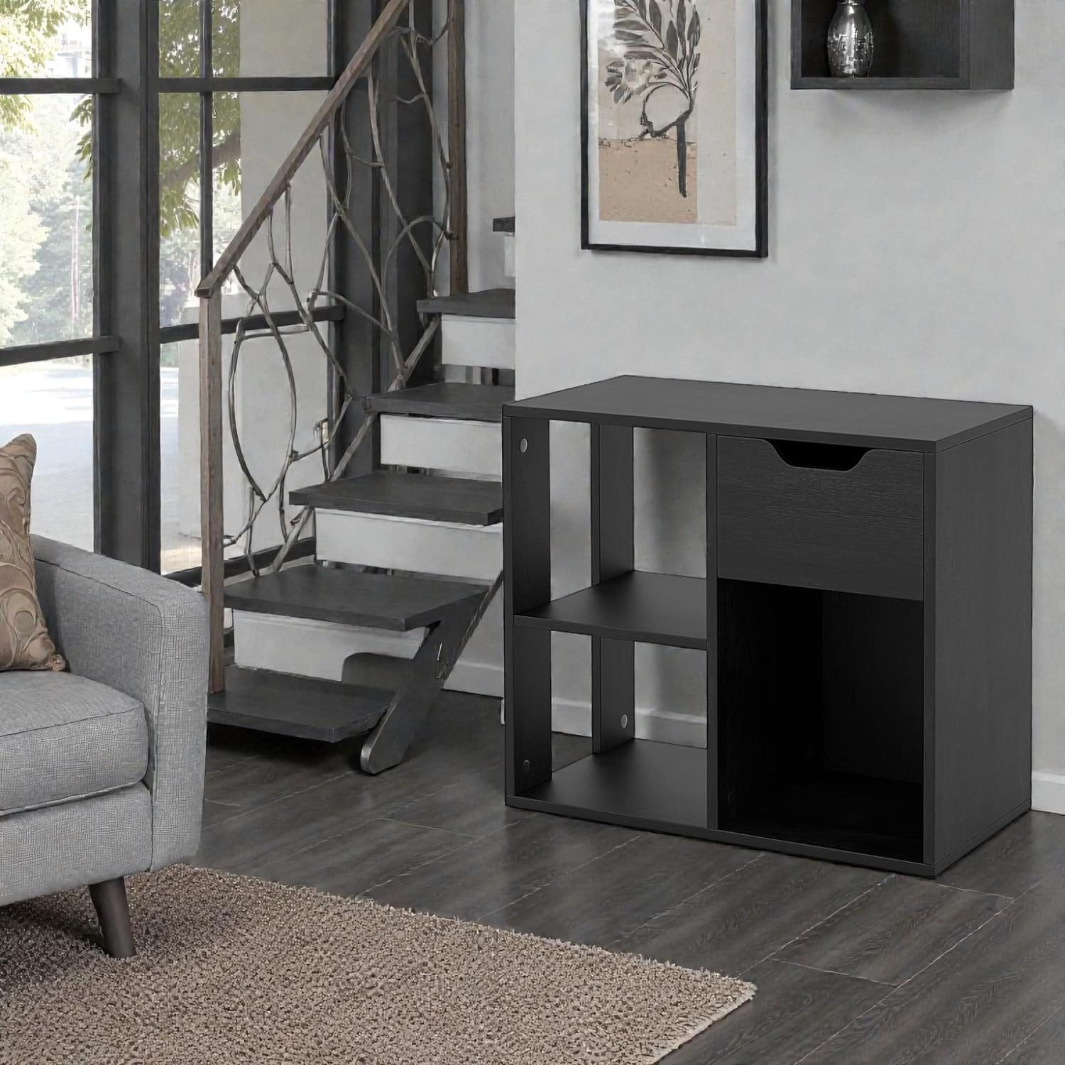 Hivvago- Modern 2-Layer Wooden Storage Shelf with 3 Cubes and Slide-Out Drawer- Black