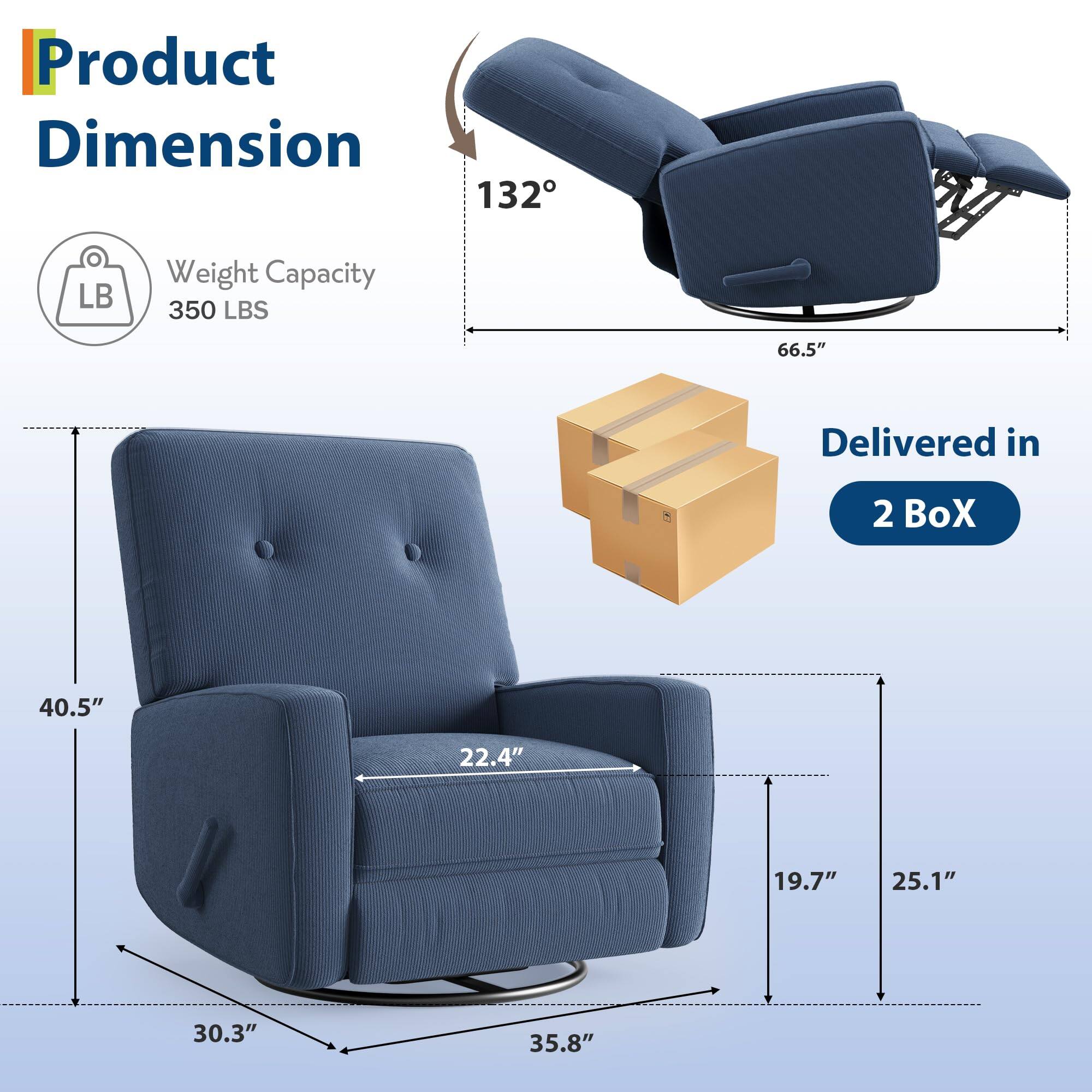 Product Dimension  
Weight Capacity: 350 LBS  

Delivered in 2 Box  

Dimensions:  
- 66.5" (width)  
- 40.5" (height)  
- 22.4" (depth)  
- 30.3" (seat width)  
- 35.8" (seat depth)  
- 19.7" (arm height)  
- 25.1" (arm width)