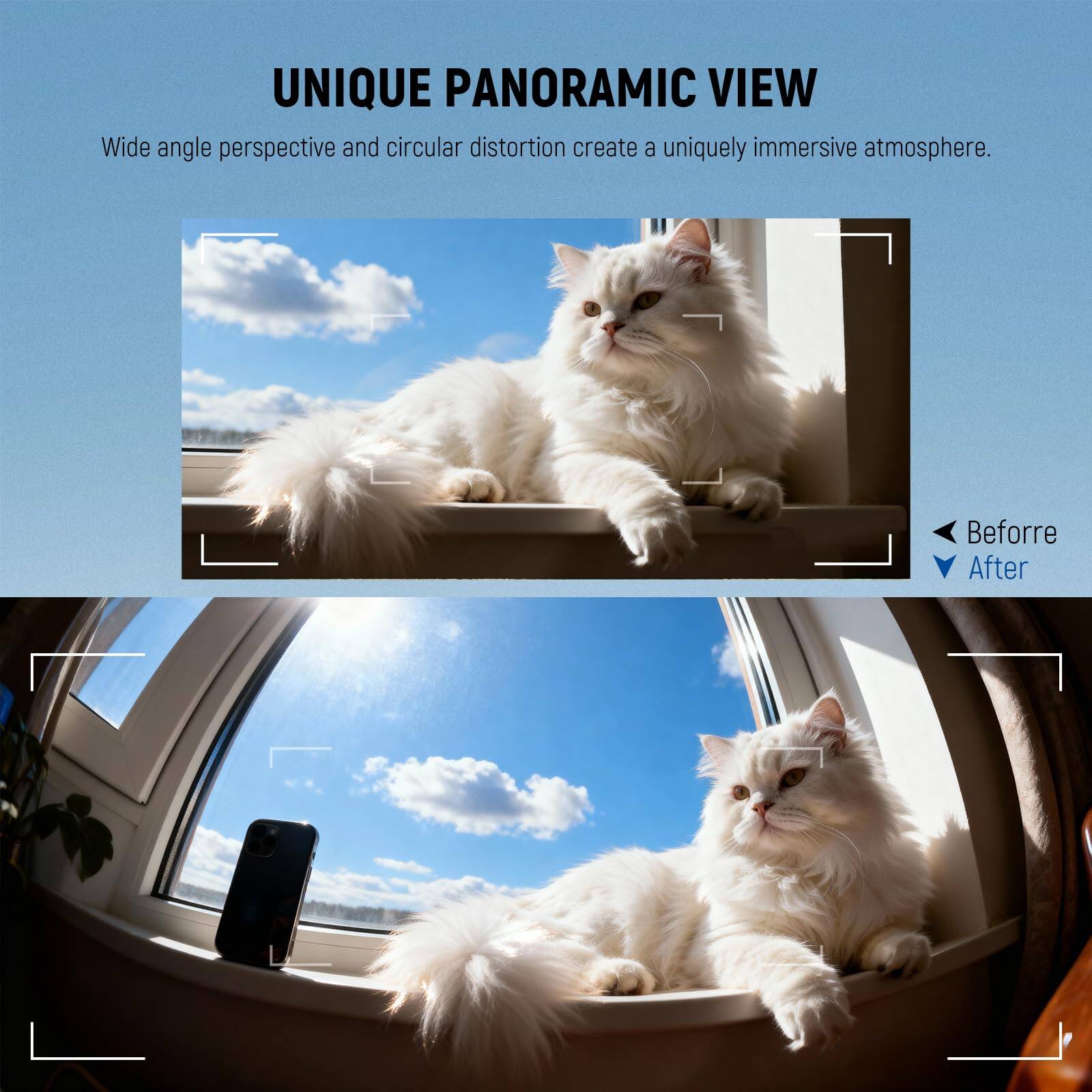 UNIQUE PANORAMIC VIEW  
Wide angle perspective and circular distortion create a uniquely immersive atmosphere.  

Before  
After