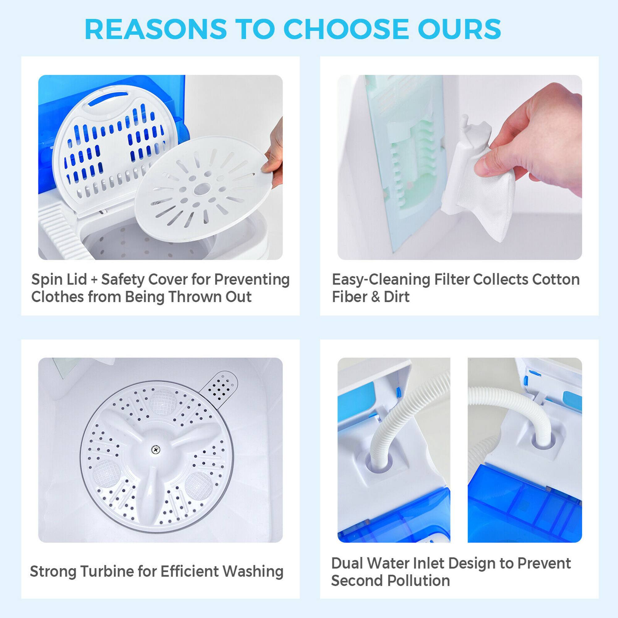 REASONS TO CHOOSE OURS

- Spin Lid + Safety Cover for Preventing Clothes from Being Thrown Out
- Easy-Cleaning Filter Collects Cotton Fiber & Dirt
- Strong Turbine for Efficient Washing
- Dual Water Inlet Design to Prevent Second Pollution