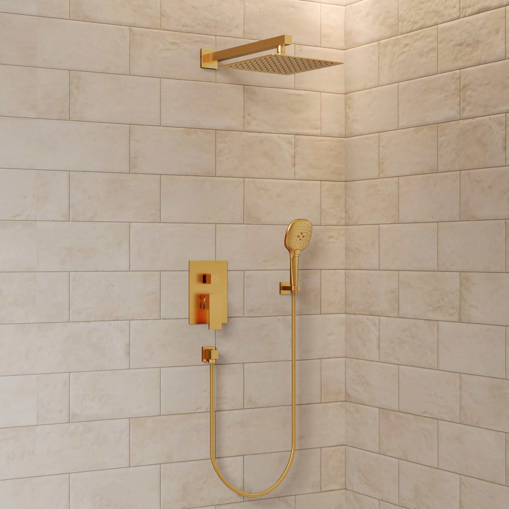 Angle. GRANDJOY - Thermostatic Shower Faucet Set with 10" Rain Shower Head and Handheld Sprayer for Wall Mounted Installation - Brushed Gold.