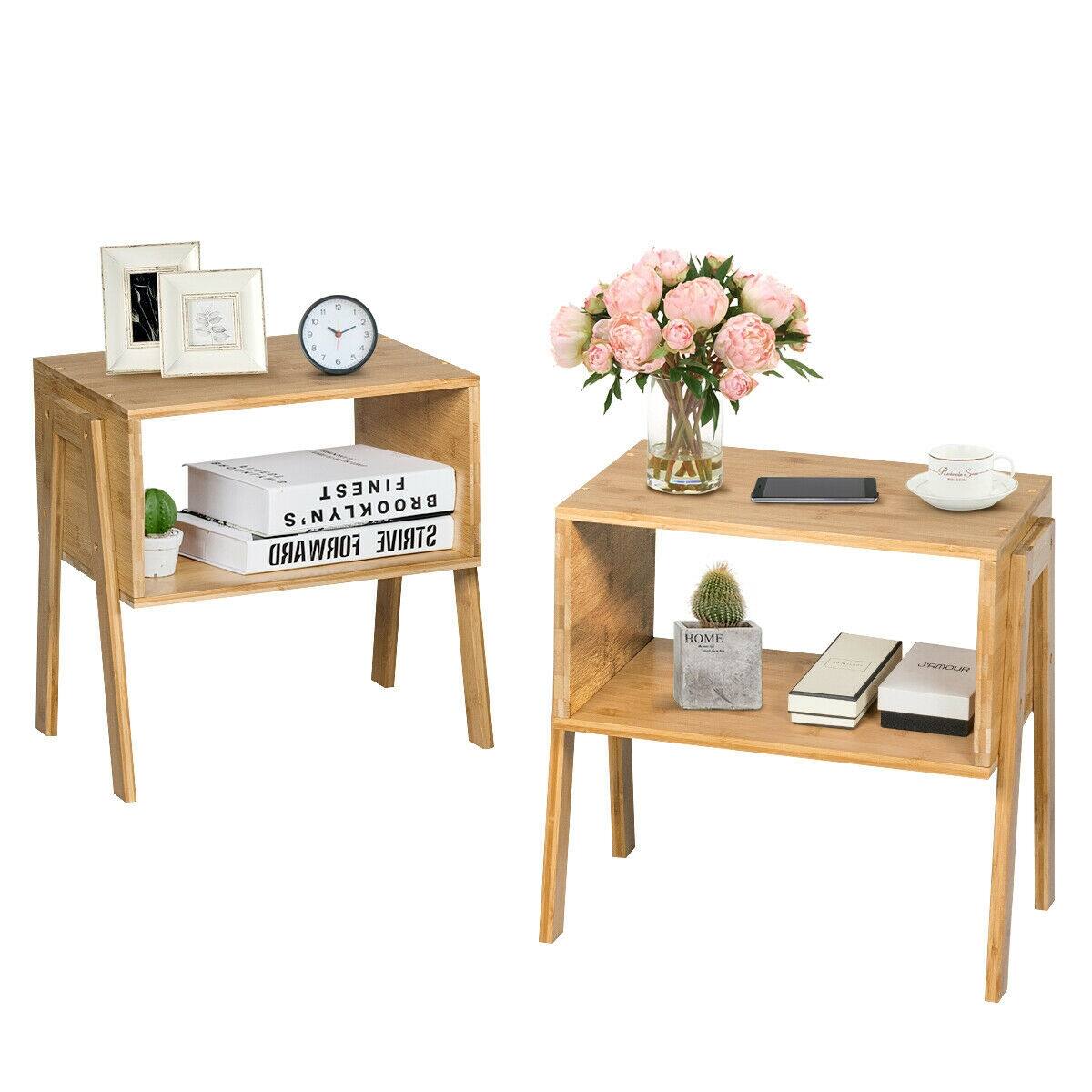 Ecooso - 2 Pieces Bamboo Beside Table Set with Storage Shelf, End Side Tables for Bedroom or Sofa - Natural