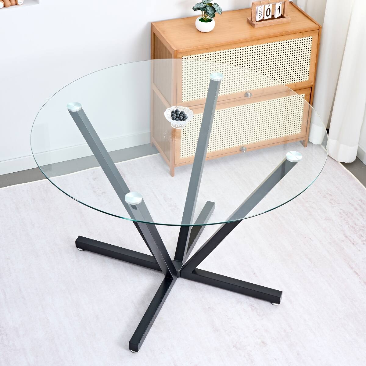 Alt View 2. Loheer - Loheer 45 inch round dining table with tempered glass top and black metal base - Black.