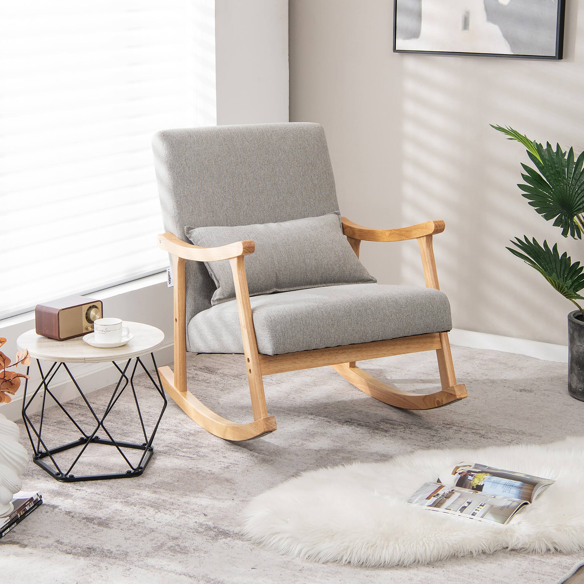 Alt View 4. Costway - Costway Upholstered Rocking Chair with Pillow Rocking Armchair with Rubber Wood Frame - Gray.