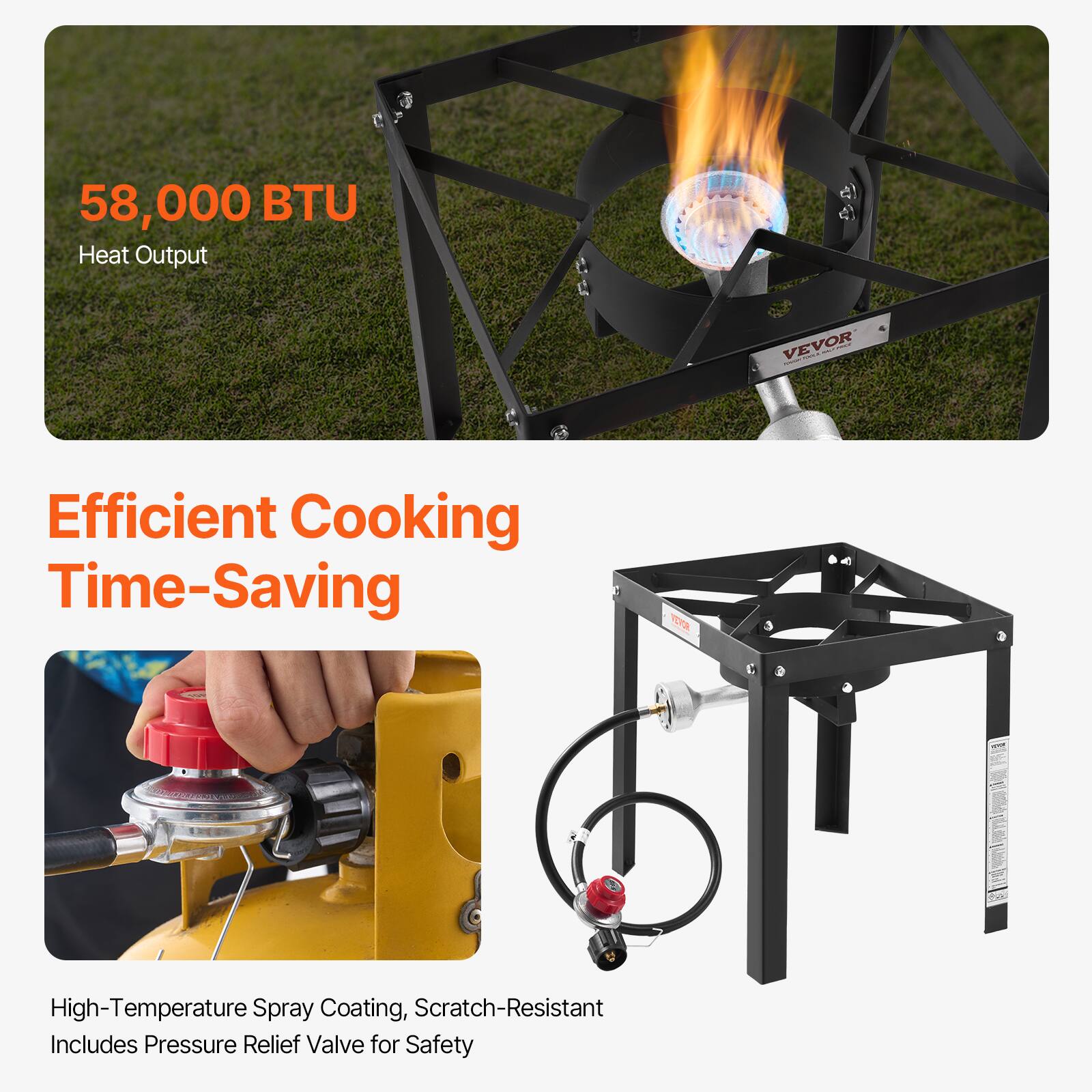 58,000 BTU  
Heat Output  

Efficient Cooking  
Time-Saving  

High-Temperature Spray Coating, Scratch-Resistant  
Includes Pressure Relief Valve for Safety