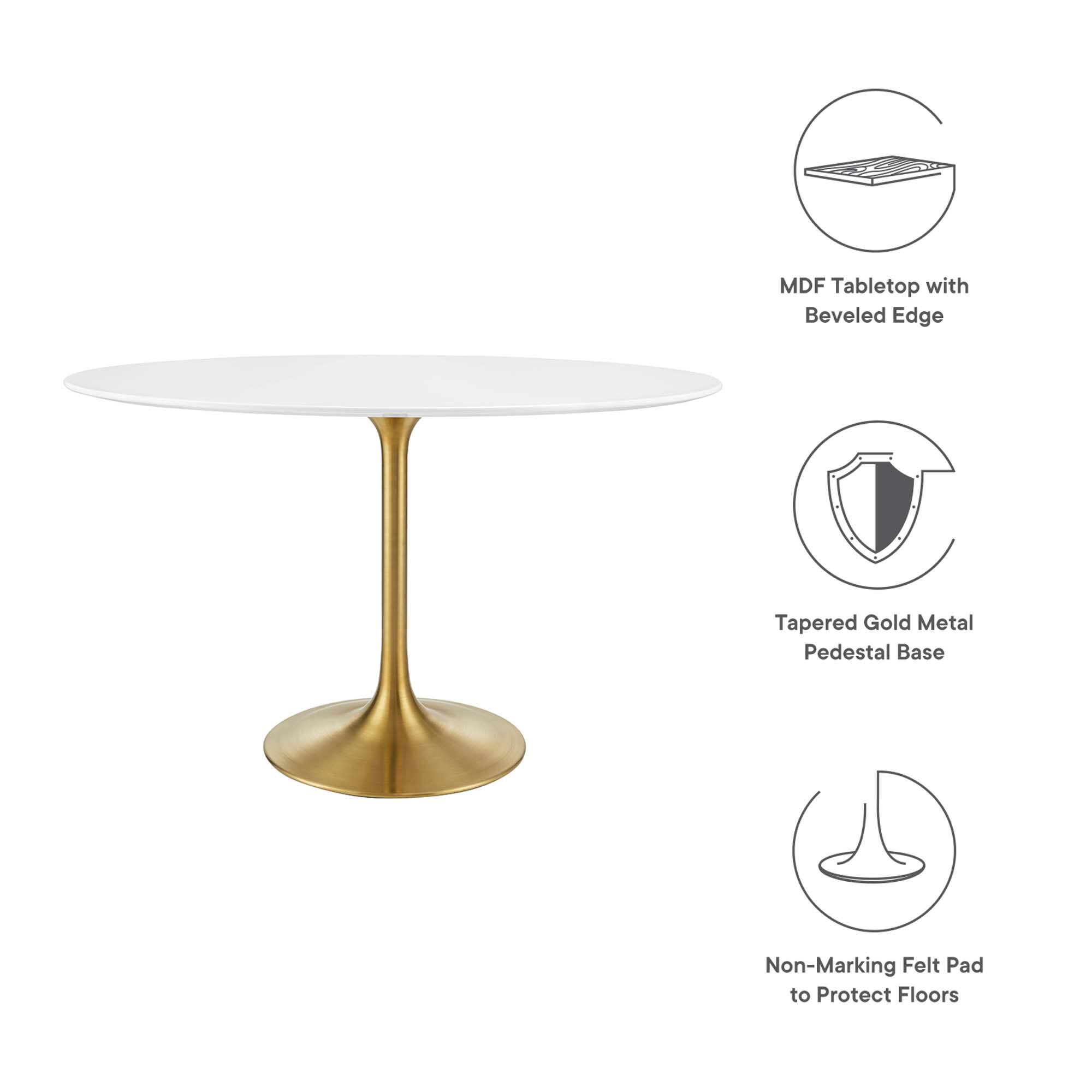 - MDF Tabletop with Beveled Edge
- Tapered Gold Metal Pedestal Base
- Non-Marking Felt Pad to Protect Floors
