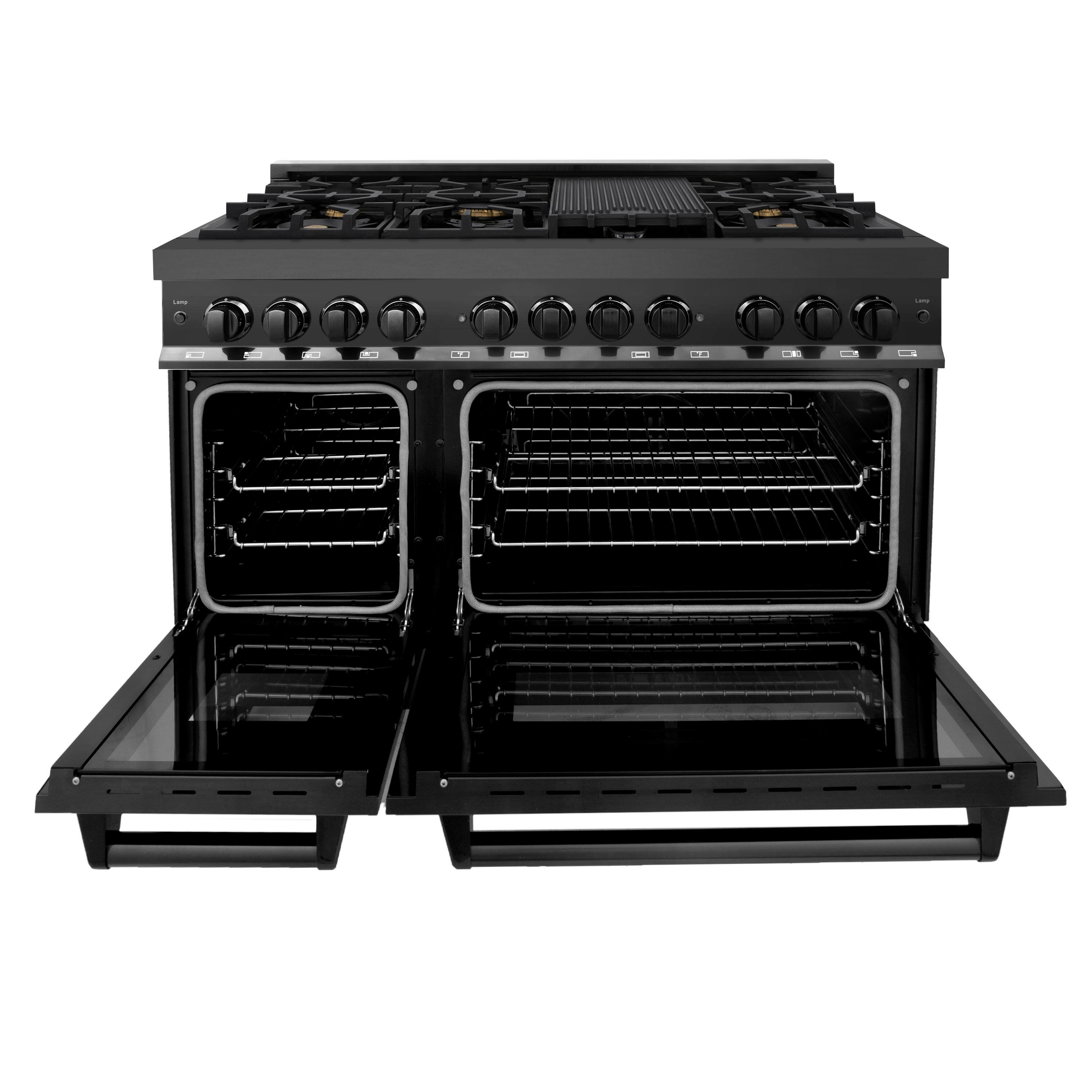 Angle. ZLINE - 48 in. 6.0 cu. ft. Freestanding Legacy Dual Fuel Range with Gas Cooktop and 2 Ovens in Black Steel & 6 Brass Burners - Multicolor.