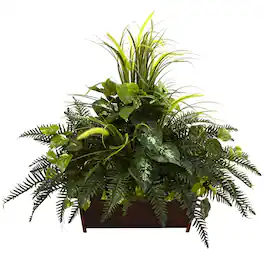 BreeBe - Mixed Grass & River Fern w/Wood Planter - Green
