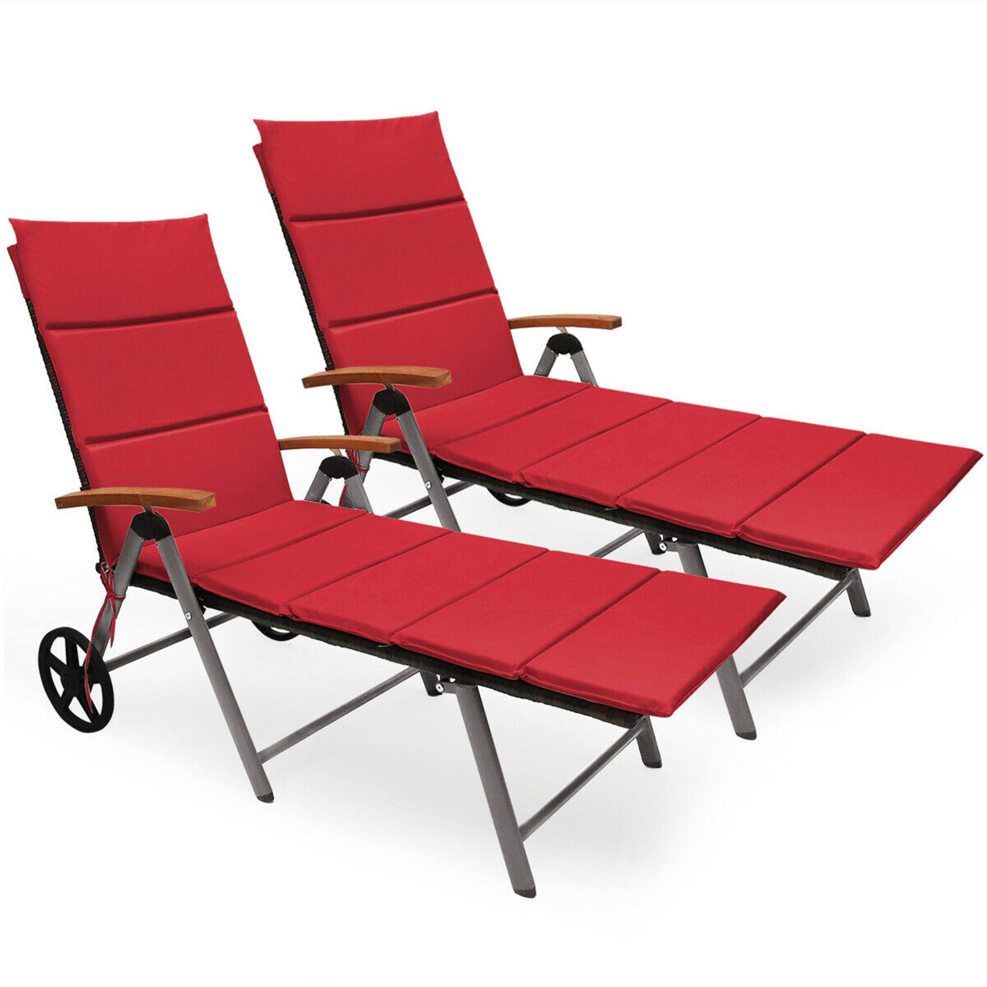 Alt View 1. Gymax - Gymax 2PCS Folding Patio Rattan Lounge Chair Cushioned Aluminum Adjust Wheel Red - Red.