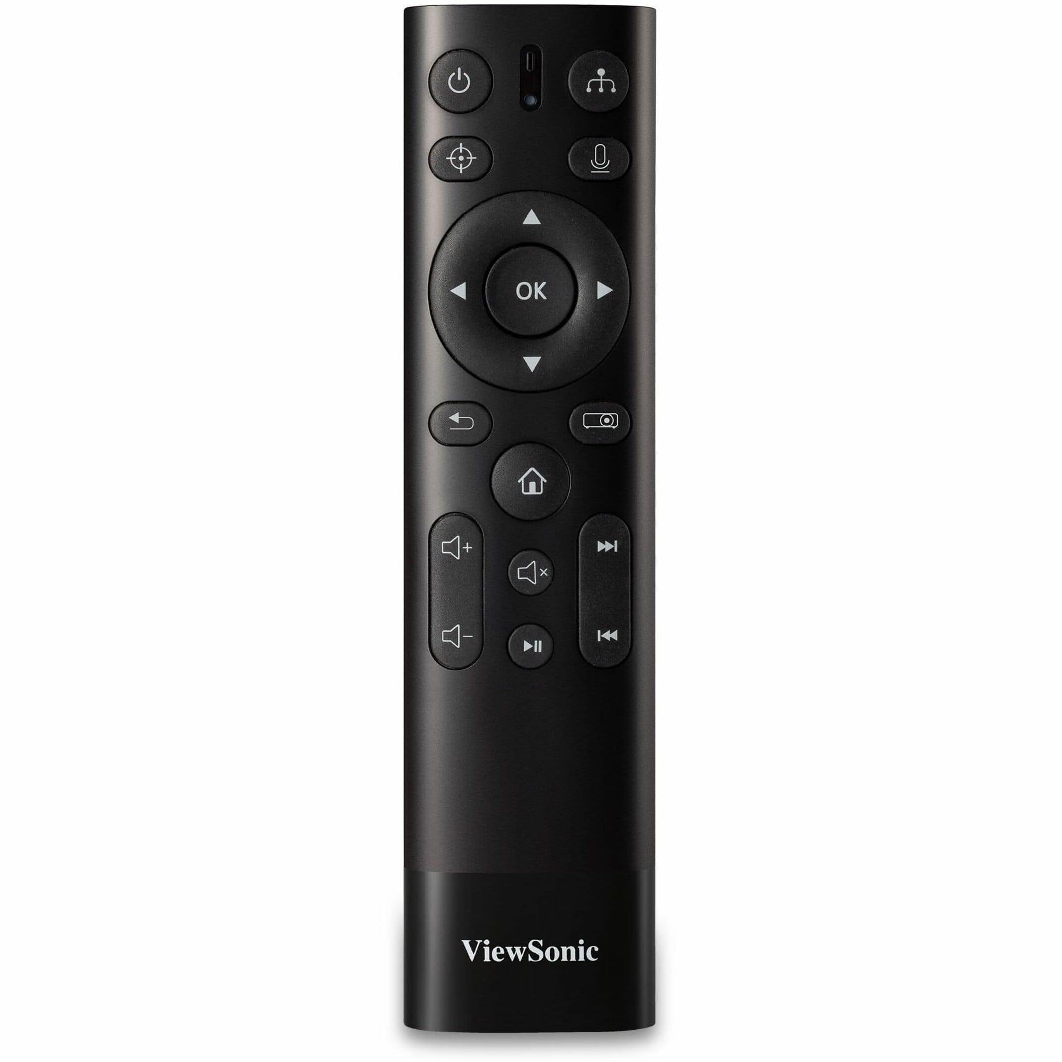ViewSonic is a brand that makes electronic devices, such as remote controls. The remote control in the image has a black color and features a ViewSonic brand name. The remote control has a total of 144 buttons, which allows for various functions and settings. The OK button is one of the buttons on the remote control, and it is located near the center of the device.