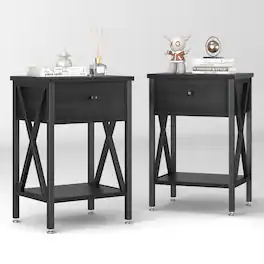 Vecelo - Set of 2 Nightstand with Drawer - Bedside Table with Storage Shelf, Compact End Table for Bedroom, MDF Wood Nightstand - Black