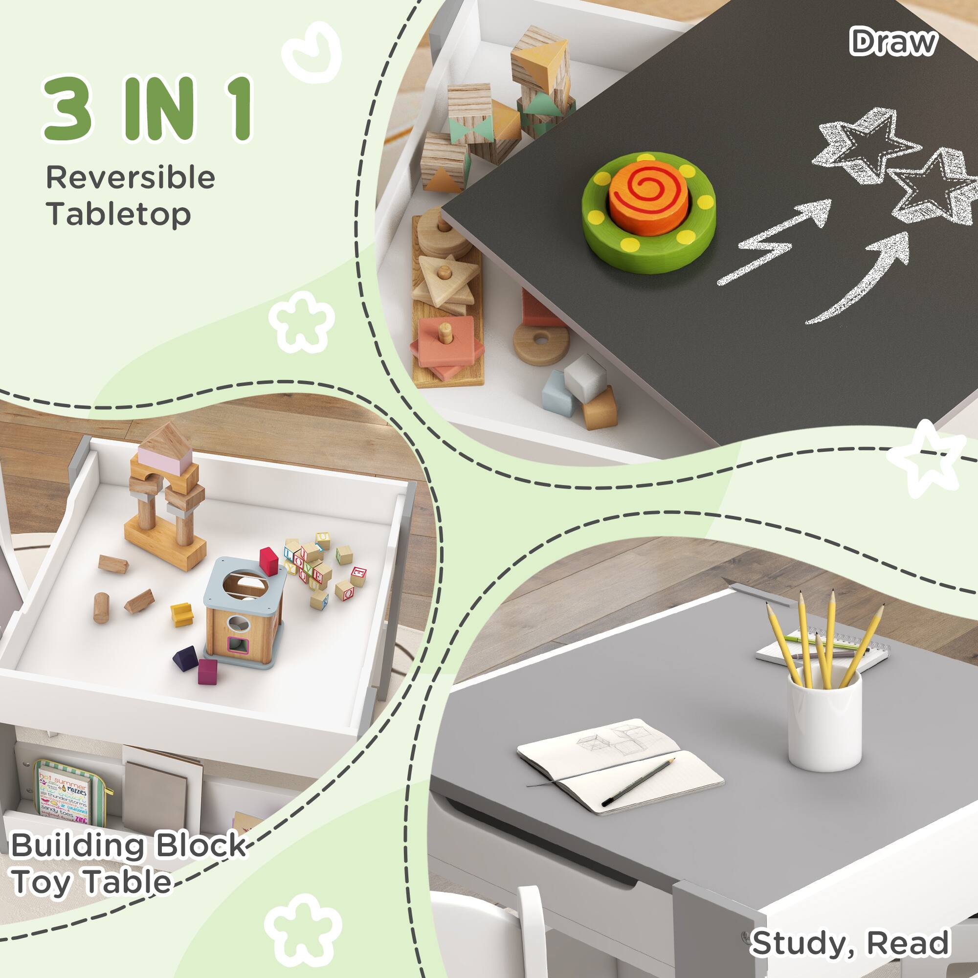 3 IN 1  
Reversible Tabletop  

Building Block Toy Table  

Study, Read  

Draw