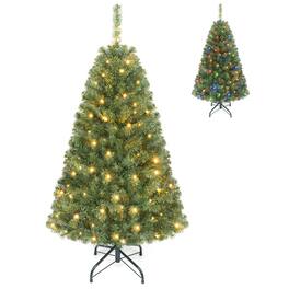 WELLFOR - 4 ft Pre‑Lit Artificial Christmas Tree, Hinged Xmas Tree with 296 Branch Tips,100 LED Lights - Green