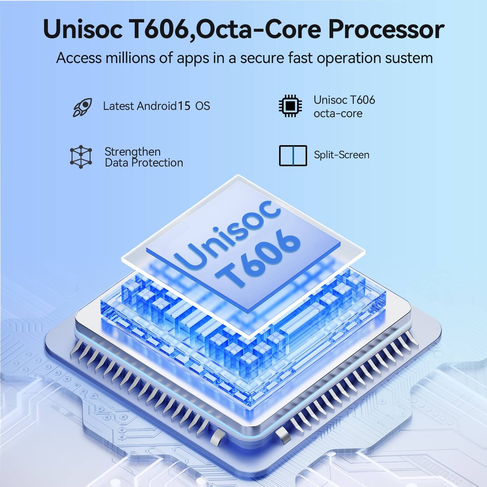 Unisoc T606, Octa-Core Processor  
Access millions of apps in a secure fast operation system  
Latest Android 15 OS  
Unisoc T606 octa-core  
Strengthen Data Protection  
Split-Screen