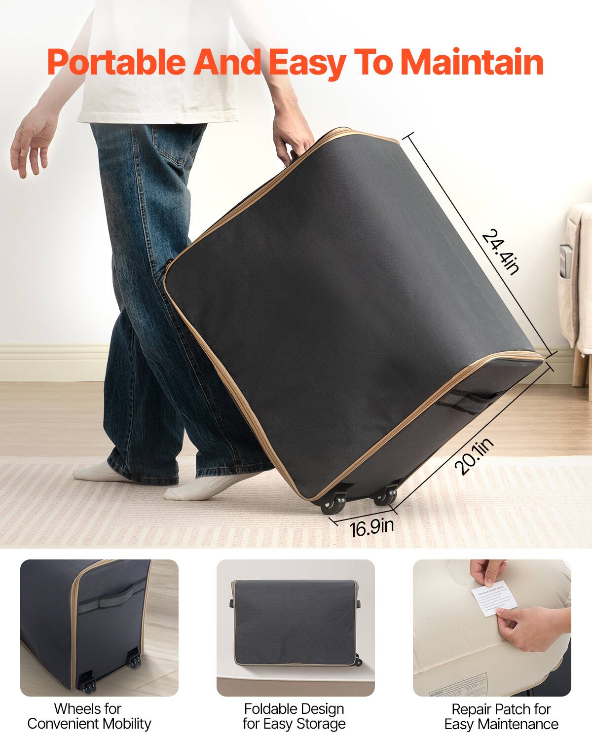 Portable And Easy To Maintain

24.4in x 20.1in x 16.9in

Wheels for Convenient Mobility

Foldable Design for Easy Storage

Repair Patch for Easy Maintenance