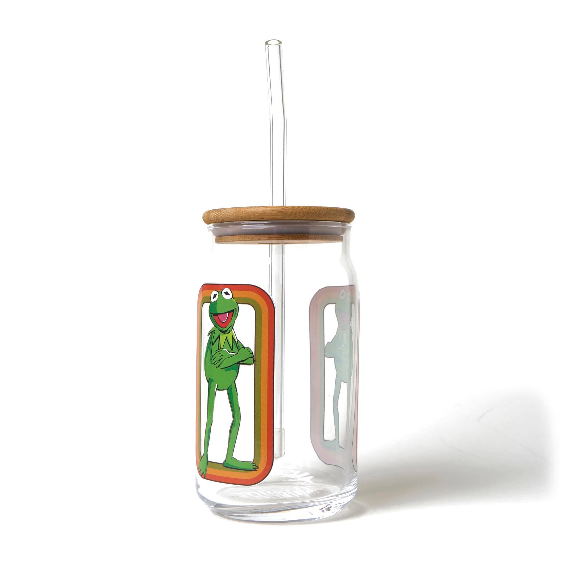 Alt View 1. Silver Buffalo - The Muppets Kermit the Frog 16-Ounce Glass Tumbler With Bamboo Lid and Straw - Green.