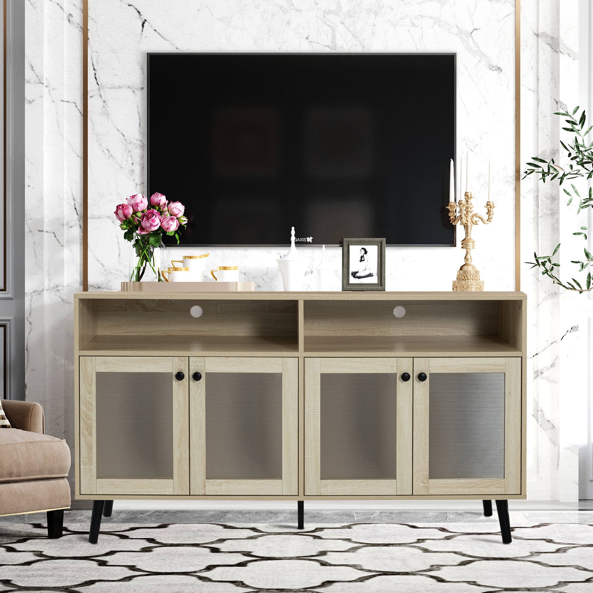 Angle. Vaczon - Modern Natural Wood TV Stand with Storage Ribbed Glass Doors and Open Shelves, Entertainment Console - Light Oak.