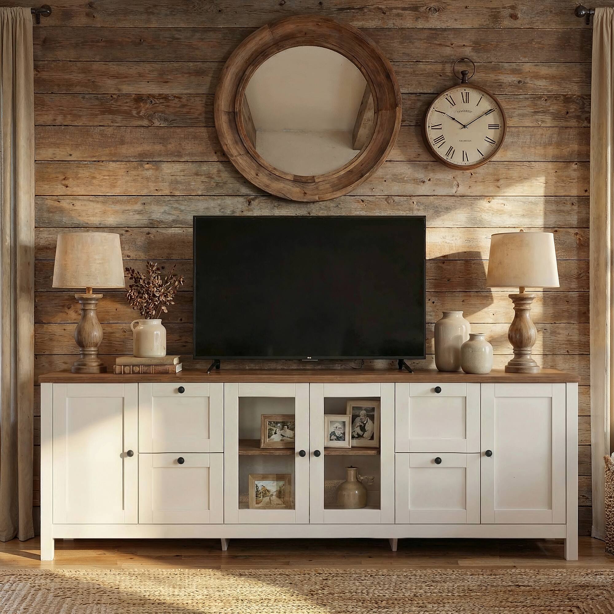 Alt View 4. Famapy - 90.6" Farmhouse TV Stand for 85 Inch TV, Glass Doors, Adjustable Shelves, 10-Compartment Storage - White & Wooden.