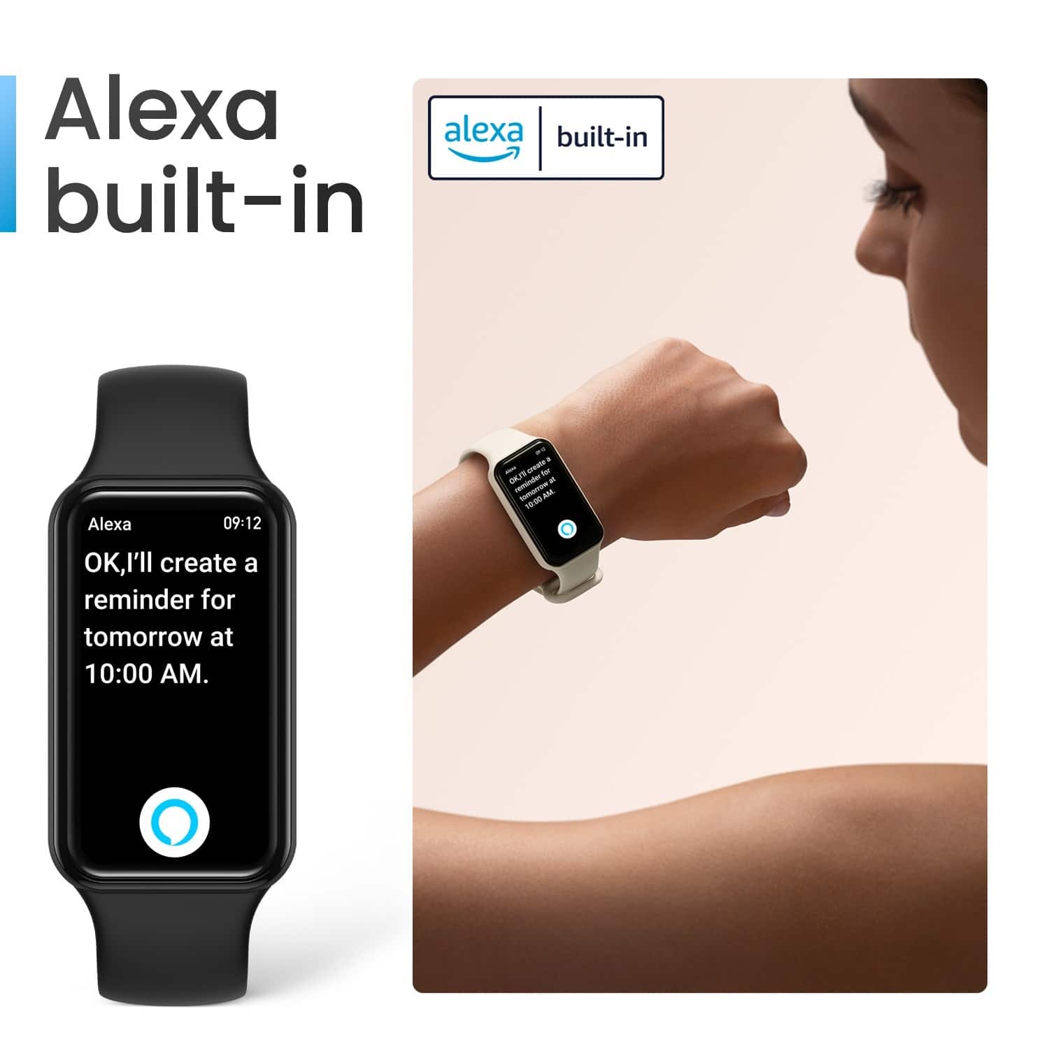 The image features a woman wearing a smart watch with Alexa built-in. The watch is displaying the time and a reminder for tomorrow at 10:00 AM. The woman is also holding the watch in her hand, showcasing its functionality and design. The image highlights the convenience and practicality of using a smart watch with Alexa integration, allowing users to easily manage their daily tasks and reminders.