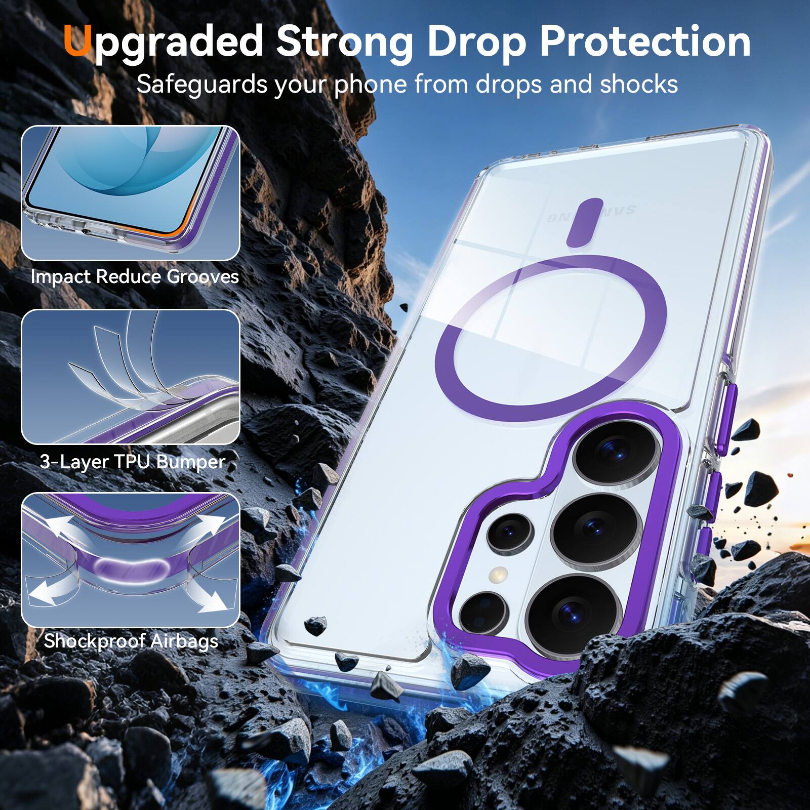 Upgraded Strong Drop Protection  
Safeguards your phone from drops and shocks  

- Impact Reduce Grooves  
- 3-Layer TPU Bumper  
- Shockproof Airbags