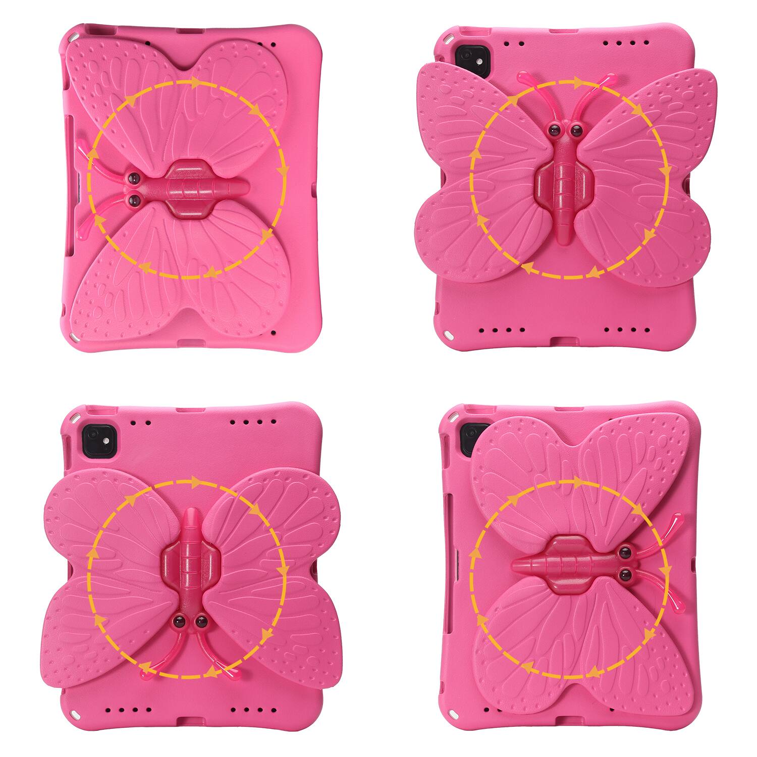 The image shows four pink butterfly-shaped phone cases with a textured design. Each case has a central raised area with a circular yellow outline and two small black dots.