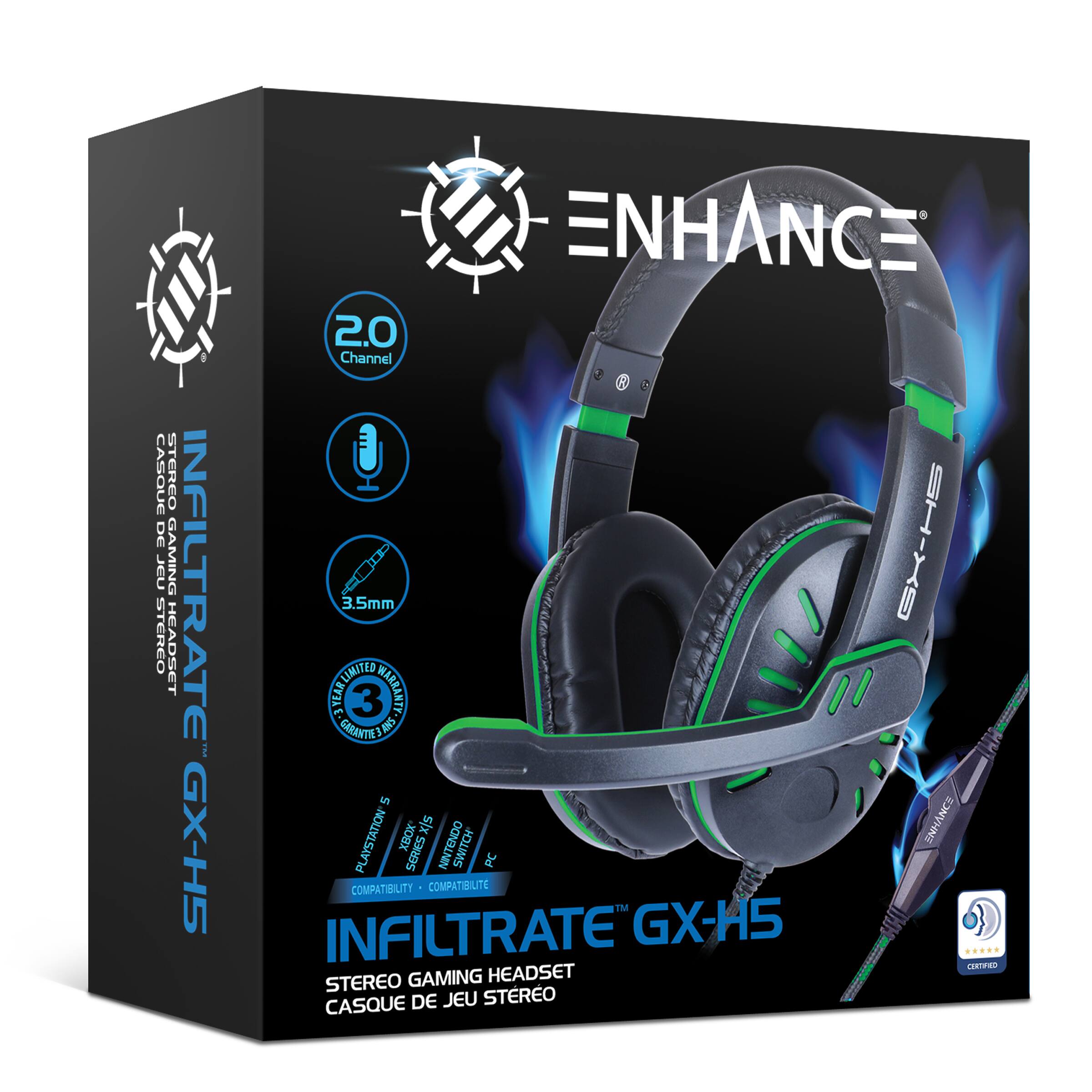 CASQUE DE JEU GAMING INFILTRATE STEREO HEADSET GX-H5 ENHANCE 2.0 Channel C BP 3.5mm GX-H5 ITEMNITED 3 MARRANTY GARANTIES 5 PLAYSTATION XBOX SIX NINTENDO ENHANCE SERIES SWITCH J1 COMPATIBILITY COMPATIBILITE IM INFILTRATE GX-H5 STEREO GAMING HEADSET CASQUE DE JEU STEREO