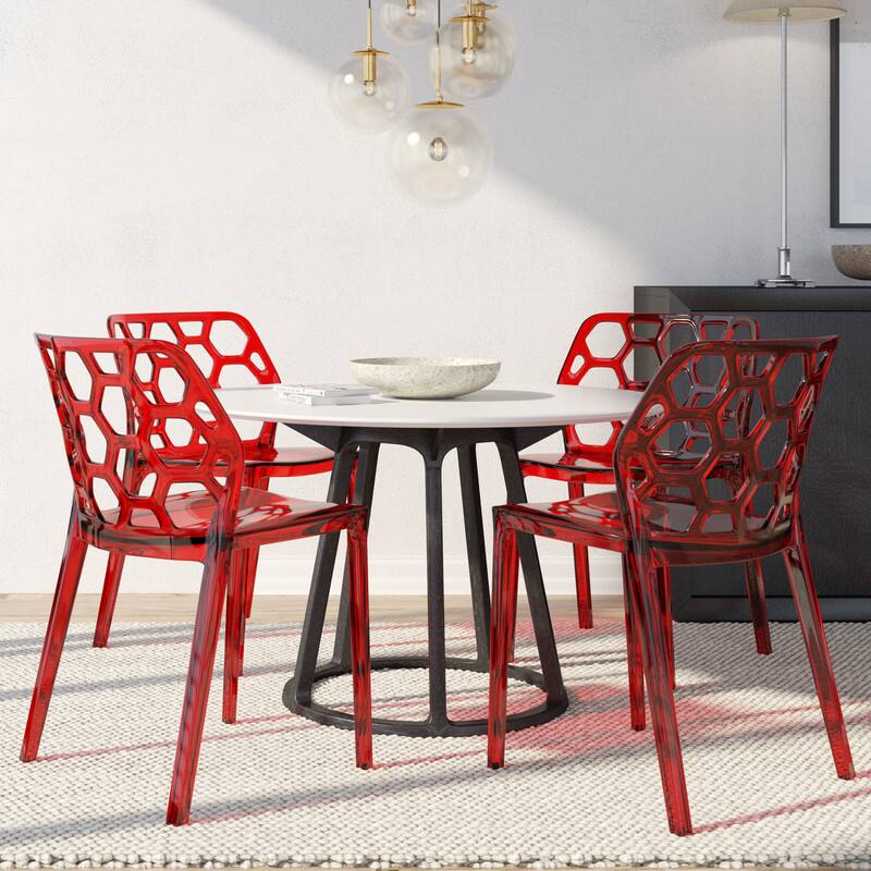 Angle. LeisureMod - Dynamic 4-Pieces Clear Acrylic Dining Chair with Honeycomb Pattern, Stackable & Fully Assembled - Transparent Red.