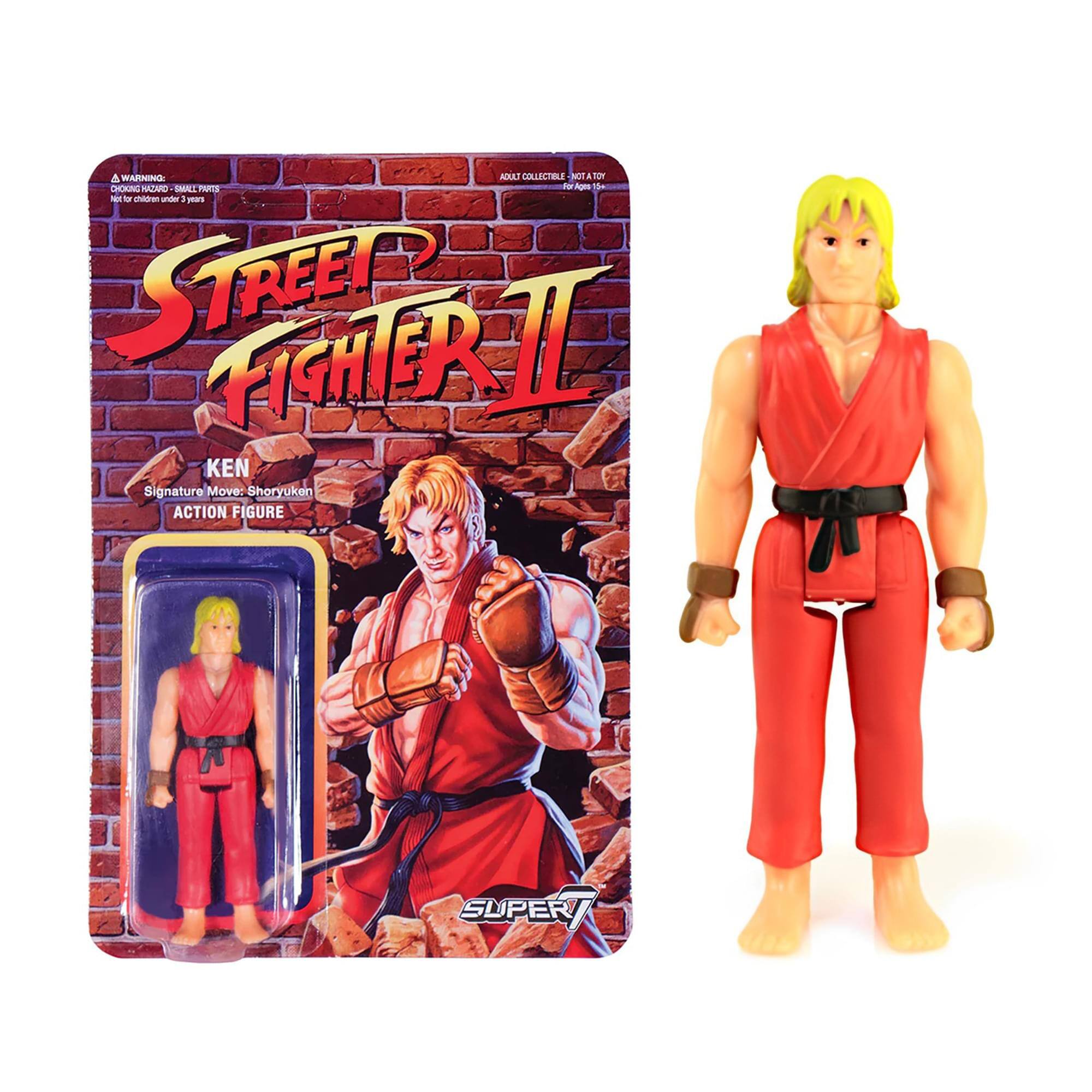 & WARNING: SMALL PARTS - NOT FOR CHILDREN UNDER 3 YEARS  
ADULT COLLECTIBLE - NOT A TOY  
KEN  
Signature Move: Shoryuken  
ACTION FIGURE  
STREET FIGHTER II  
SUPER