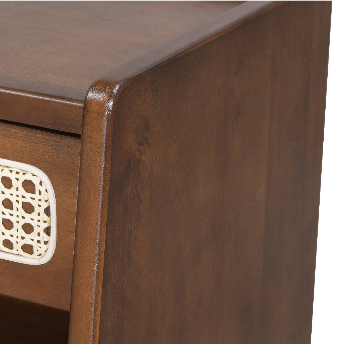 Alt View 10. Loheer - Loheer Walnut Nightstand with Rattan Detail, Open Shelf and Drawer, Modern Bedroom Storage - Walnut.