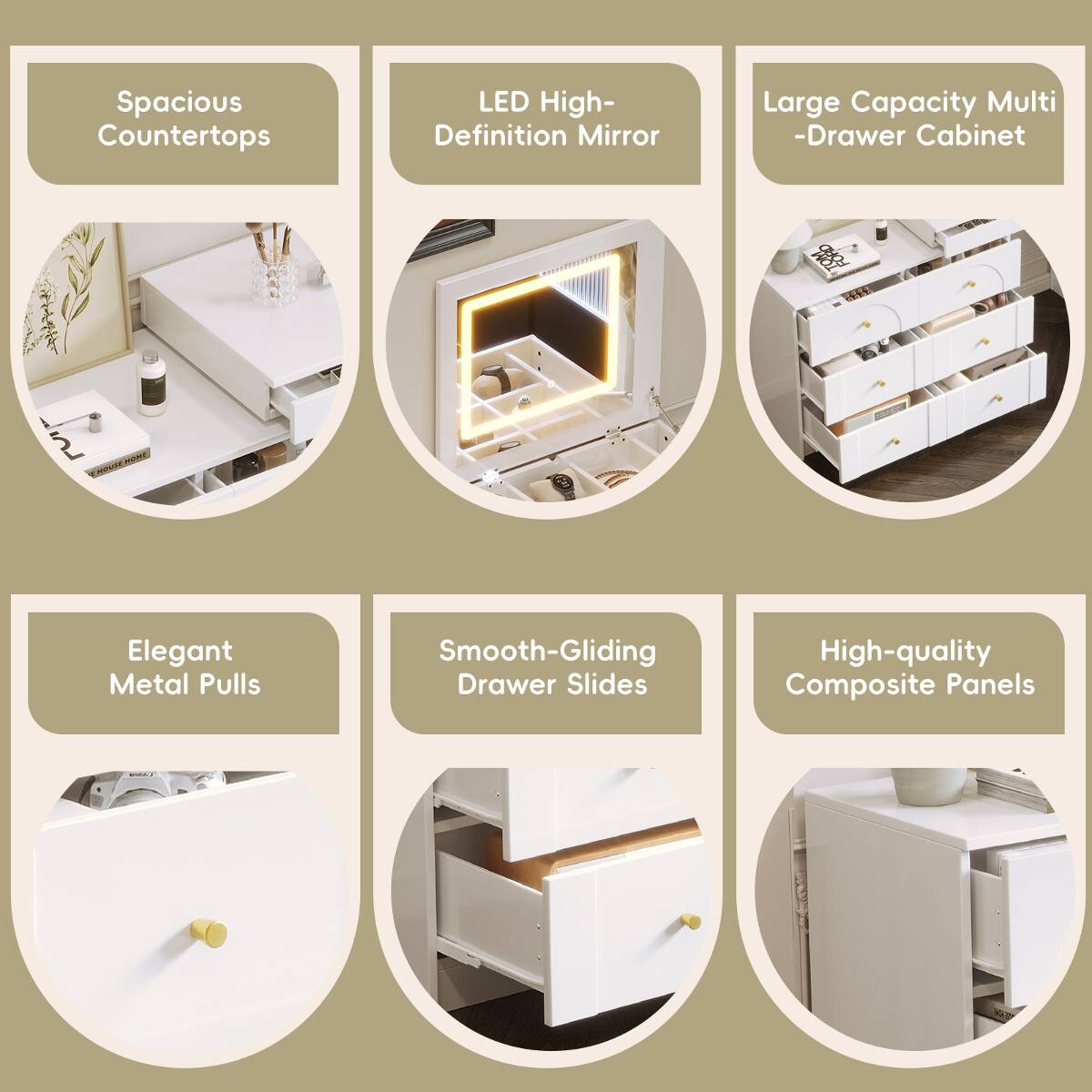 Spacious Countertops  
LED High-Definition Mirror  
Large Capacity Multi-Drawer Cabinet  
Elegant Metal Pulls  
Smooth-Gliding Drawer Slides  
High-quality Composite Panels