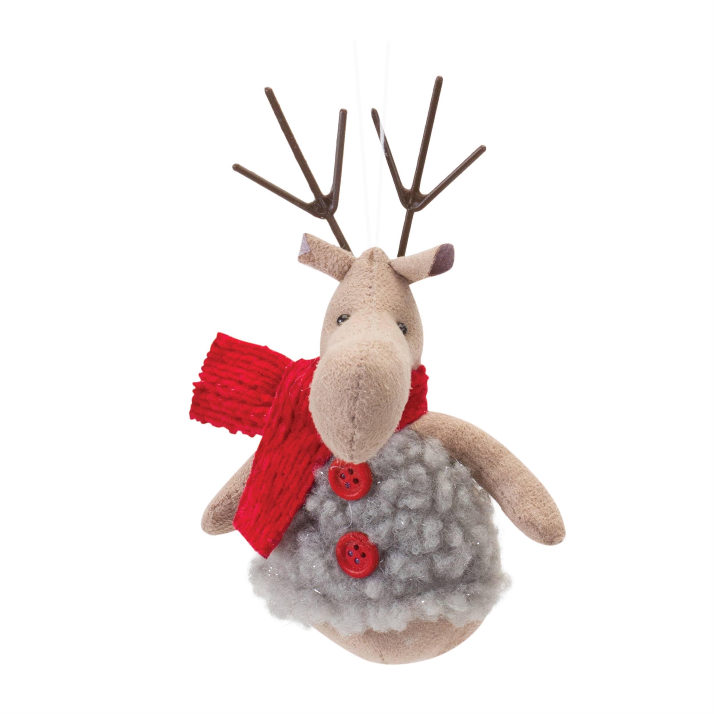 Left. BreeBe - Plush Deer with Sweater Ornament (Set of 12) - Grey, Red.