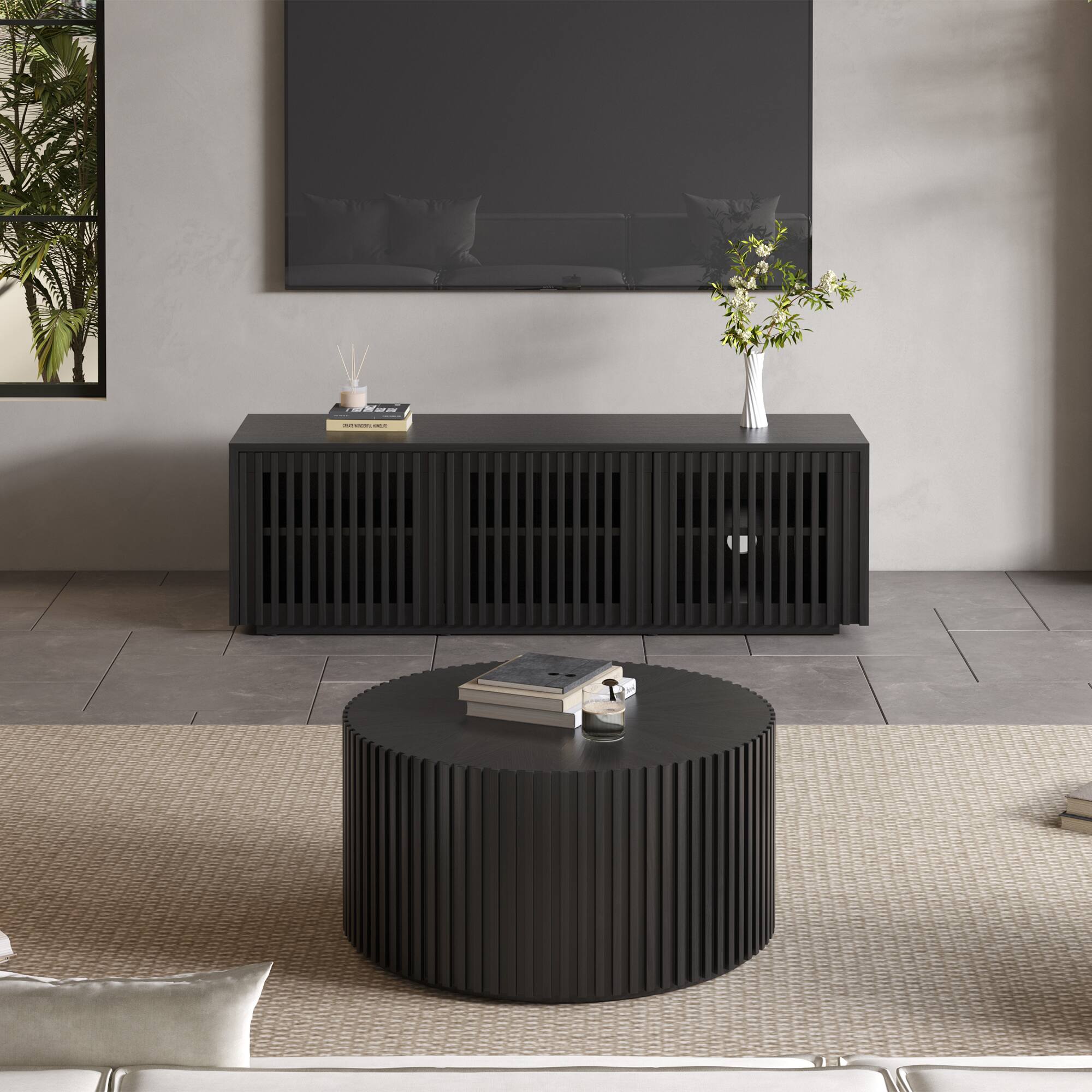 Left. POVISON - 59" Fully-Assembled Modern Minimalist Wood TV Stand, Media Console, Black TV Console, Perfect for 45-inch TVs - Black.
