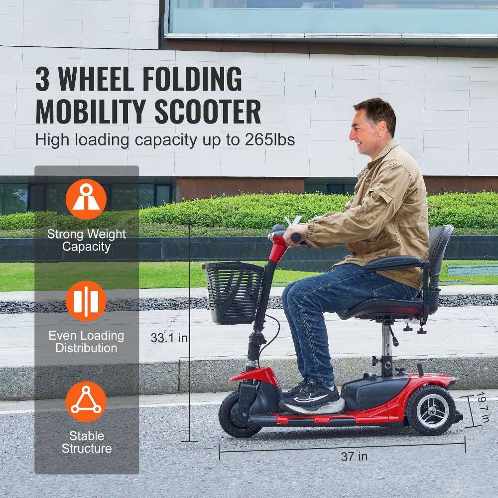 3 WHEEL FOLDING MOBILITY SCOOTER

High loading capacity up to 265lbs

Strong Weight Capacity

Even Loading Distribution

Stable Structure

33.1 in

37 in

19.7 in