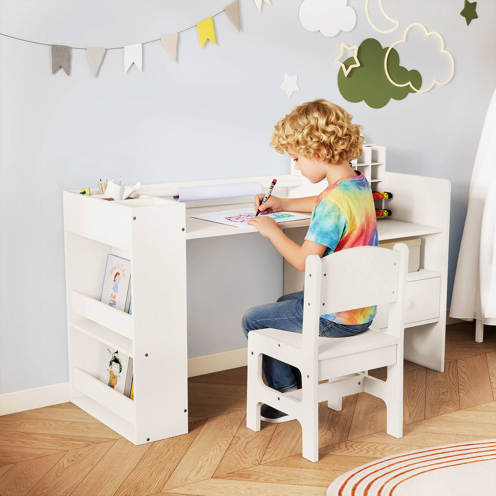 Alt View 3. Gymax - Gymax Kids Art Table & Chair Set w/Detachable Paper Roll Holder & Cubby Cabinet Drawer White - White.