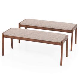 Costway - 2 PCS 45" Farmhouse Backless Bench with Rubber Wood Legs & Fabric Padded Seat - Walnut+Beige