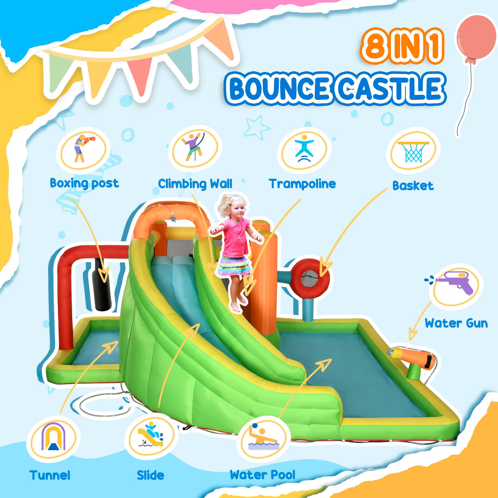 8 IN 1 BOUNCE CASTLE  
Boxing post  
Climbing Wall  
Trampoline  
Basket  
Water Gun  
Tunnel  
Slide  
Water Pool