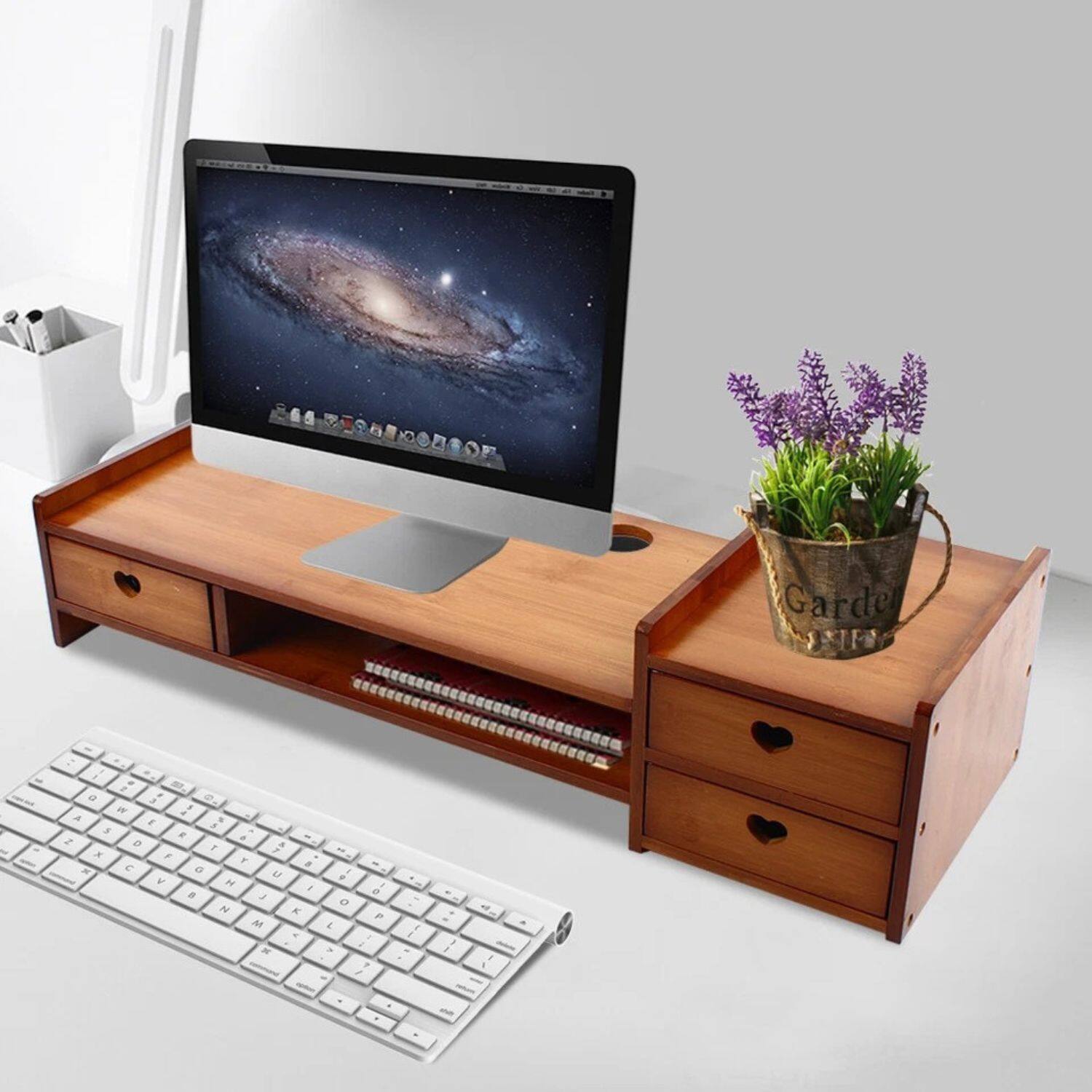 Angle. Stock Preferred - Sturdy Bamboo Monitor Stand Riser with Drawers - Natural Wood.