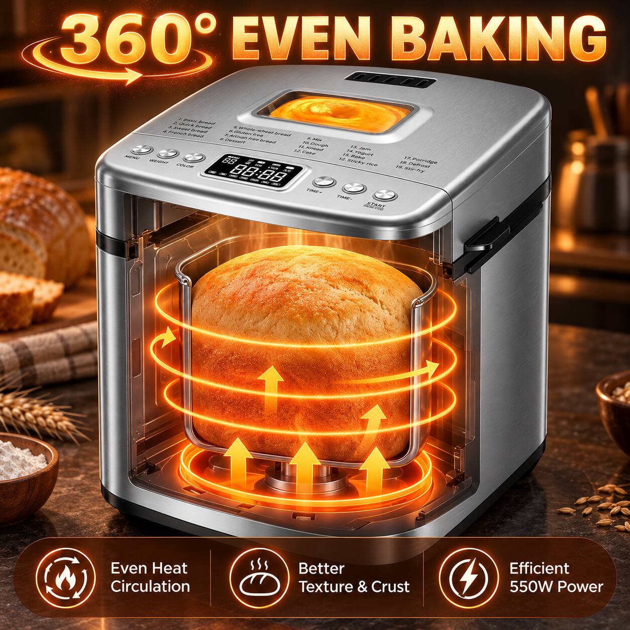360° EVEN BAKING

Desla 2 Quick bread I Imort bread  whole A French bread it Gluten wheat bread . Artisan free bread z free x Mix Dessert bread AR Dough 21 Knead 12 Cake MENU 88 WEIGHT COLOR

FX Jam 14. IS Bake Yogurt 12. Sticky rice

17. 19. 18. Defrost Porridge Stir-fry

TIME+
TIME-
START

Even Heat Circulation
Better Texture & Crust
Efficient 550W Power