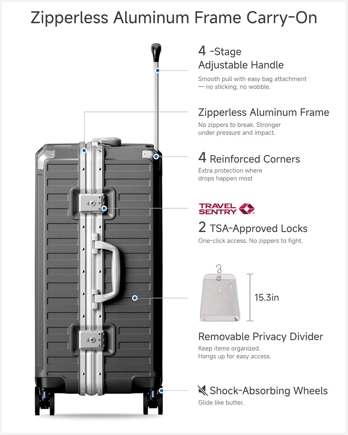 Zipperless Aluminum Frame Carry-On

4-Stage Adjustable Handle  
Smooth pull with easy bag attachment — no sticking, no wobble.

Zipperless Aluminum Frame  
No zippers to break. Stronger under pressure and impact.

4 Reinforced Corners  
Extra protection where drops happen most

TRAVEL SENTRY  
2 TSA-Approved Locks  
One-click access. No zippers to fight.

15.3in Removable Privacy Divider  
Keep items organized. Hangs up for easy access.

Shock-Absorbing Wheels  
Glide like butter.