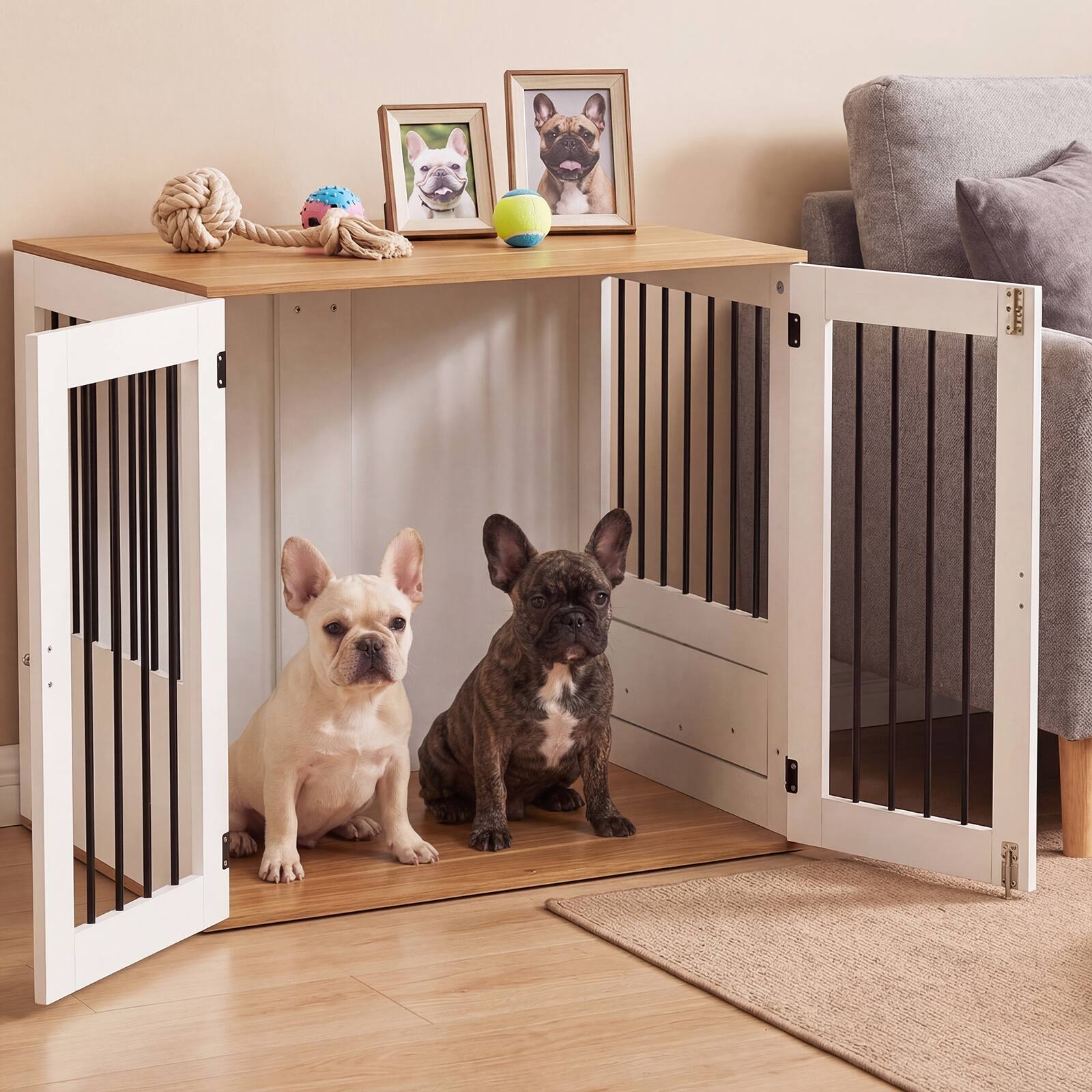Alt View 3. Gymax - Gymax 31.5'' Dog Crate Furniture w/ Double Lock Doors 360-Degree Rotating Feeder Bowls.