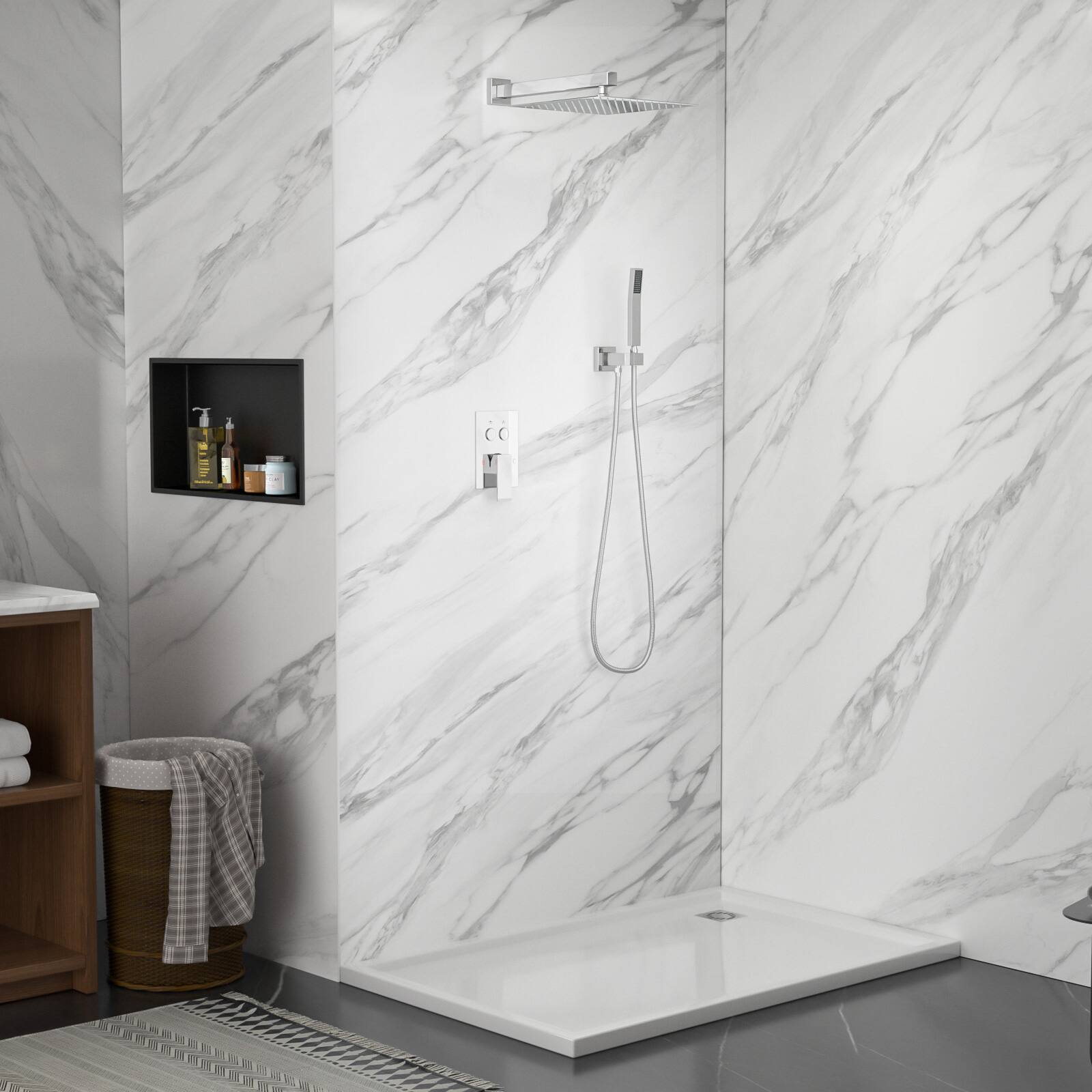 Left. Lordear - Dual Shower Head - 10 Inch Wall Mounted Square Shower System with Rough-in Valve,Chrome - Chrome.