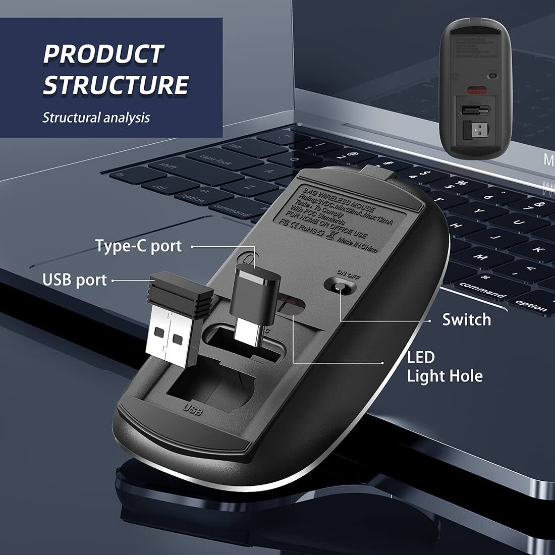 PRODUCT STRUCTURE  
Structural analysis  

Type-C port  
USB port  
Switch  
LED Light Hole  

2.4G WIRELESS MOUSE  
Fully Wireless Mouse  
Wireless USB Receiver  
FCC ID: K9Y-WIRELESS  
FCC ID: K9Y-WIRELESS  
FCC ID: K9Y-WIRELESS  
FCC ID: K9Y-WIRELESS  
FCC ID: K9Y-WIRELESS  
FCC ID: K9Y-WIRELESS  
FCC ID: K9Y-WIRELESS  
FCC ID: K9Y-WIRELESS  
FCC ID: K9Y-WIRELESS  
FCC ID: K9Y-WIRELESS  
FCC ID: K9Y-WIRELESS  
FCC ID: K9Y-WIRELESS  
FCC ID: K9Y-WIRELESS  
FCC ID: K9Y-WIRELESS  
FCC ID: K9Y-WIRELESS  
FCC ID: K9Y-WIRELESS  
FCC ID: K9Y-WIRELESS  
FCC ID: K9Y-WIRELESS  
FCC ID: K9Y-WIRELESS  
FCC ID: K9Y-W