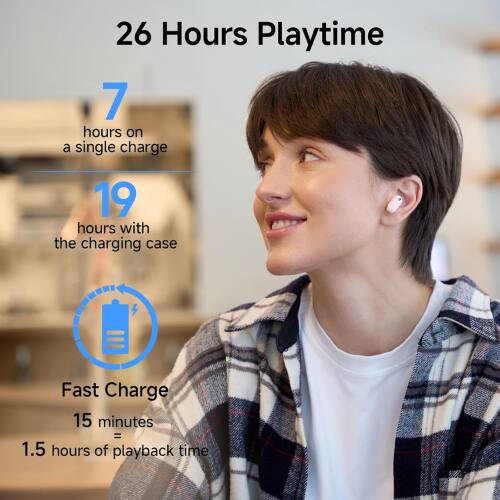 26 Hours Playtime  
7 hours on a single charge  
19 hours with the charging case  
Fast Charge  
15 minutes = 1.5 hours of playback time