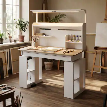 Front. Famapy - Electric Standing Desk with Flip-Up Desktop, LED Eye-Care Light, Storage, 170 LBS, 29.8"-45.3", Study Workstation - White & Wooden.