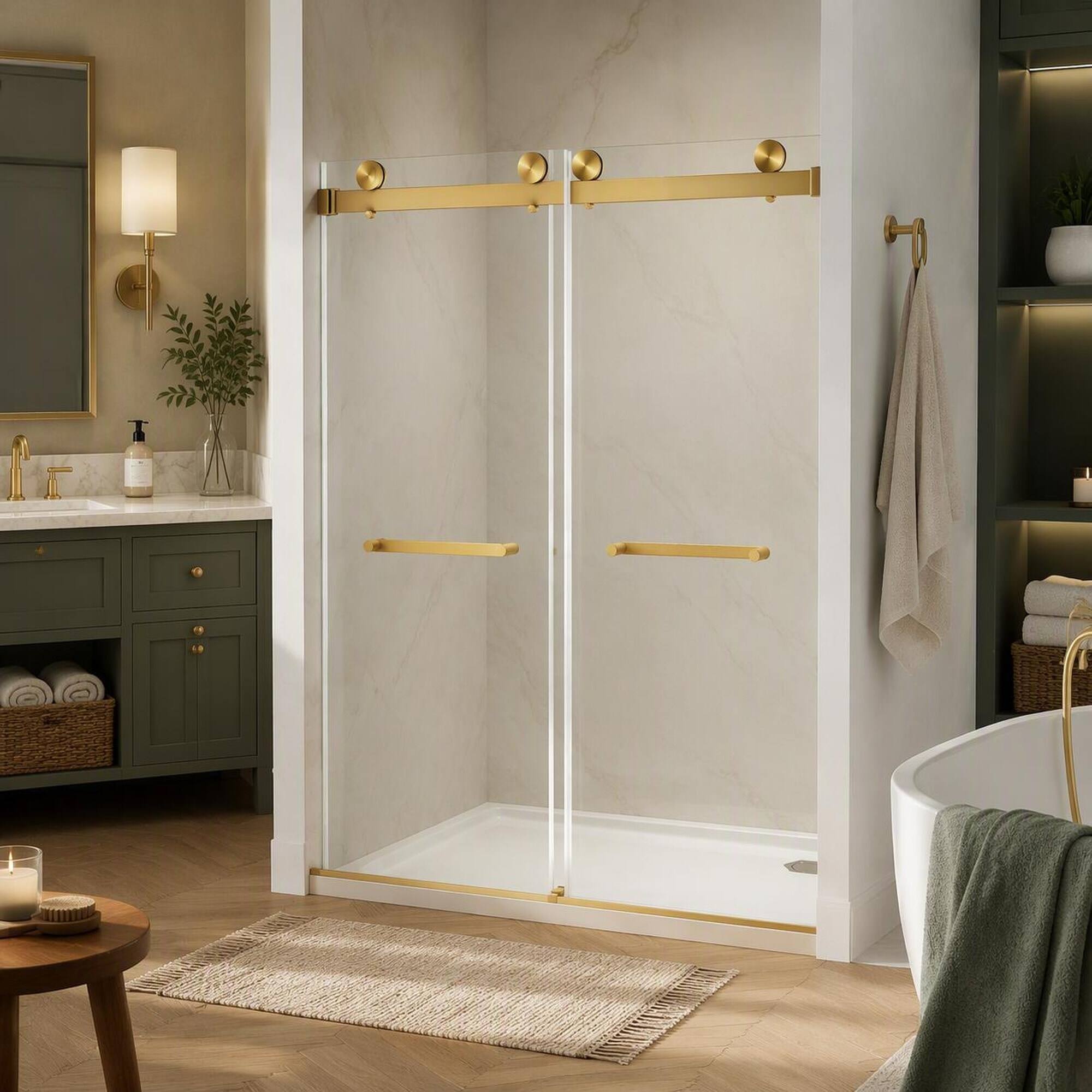 Left. RYHNUYNE - Frameless Double Sliding Shower Door 56-60" W X 74" H With 5/16" Tempered Glass, Brushed Gold Hardware - Brushed Gold.