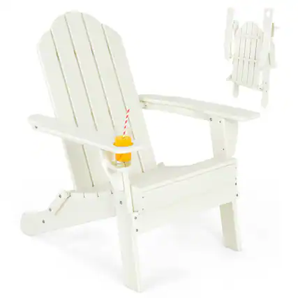 Front. Gymax - Gymax Patio Folding Adirondack Chair Weather Resistant Cup Holder Yard White - White.