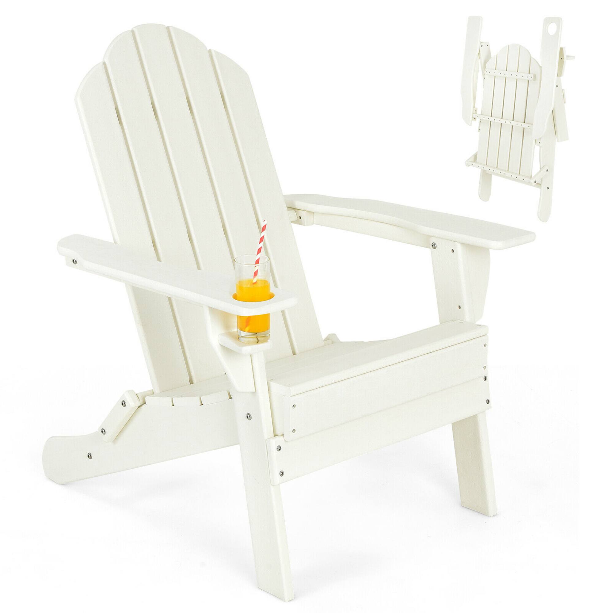Front. Gymax - Gymax Patio Folding Adirondack Chair Weather Resistant Cup Holder Yard White - White.