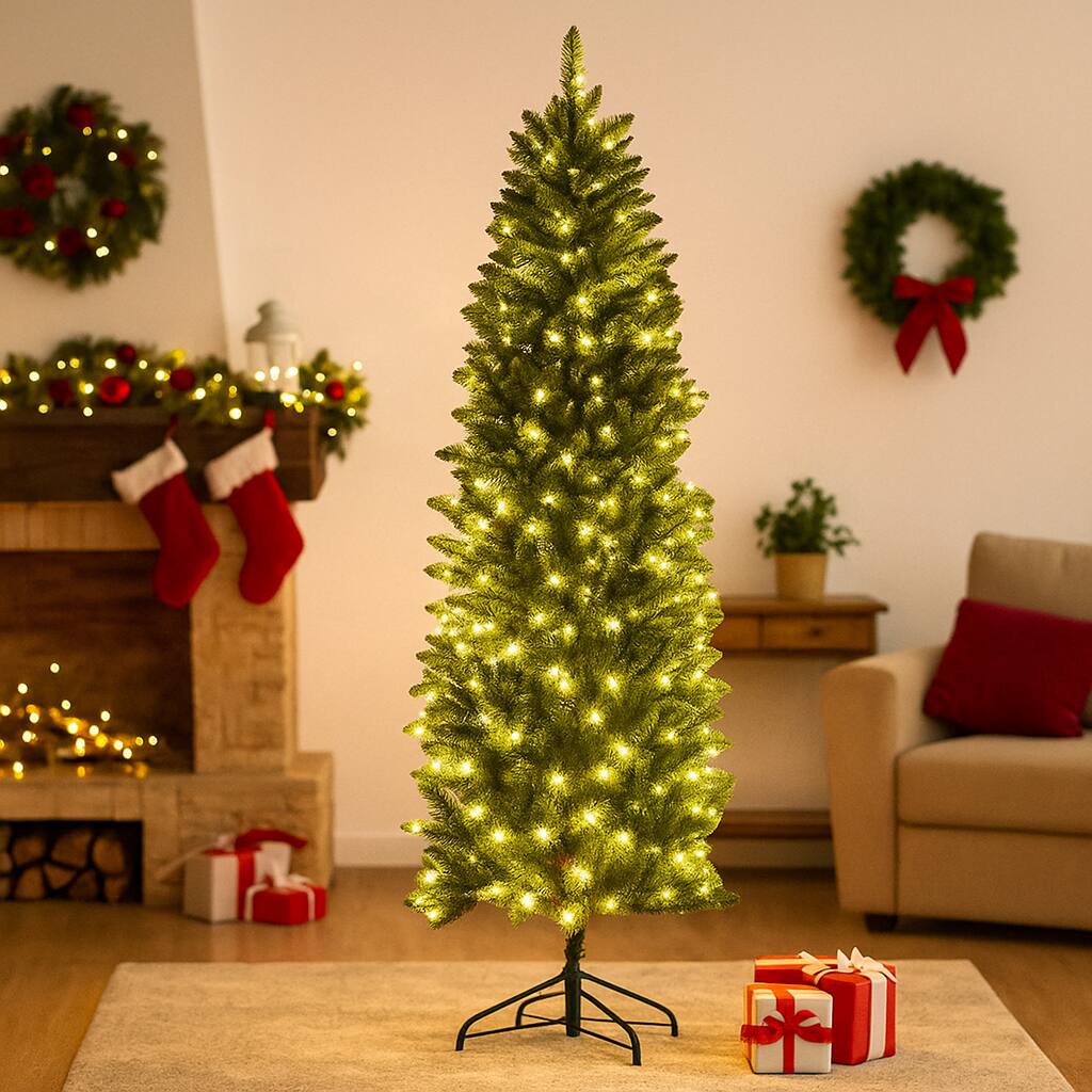 Angle. BreeBe - Artificial Slim Fir Tree – 5ft 6ft 7ft Prelit with 150 Lights and Hinged Design - Green.