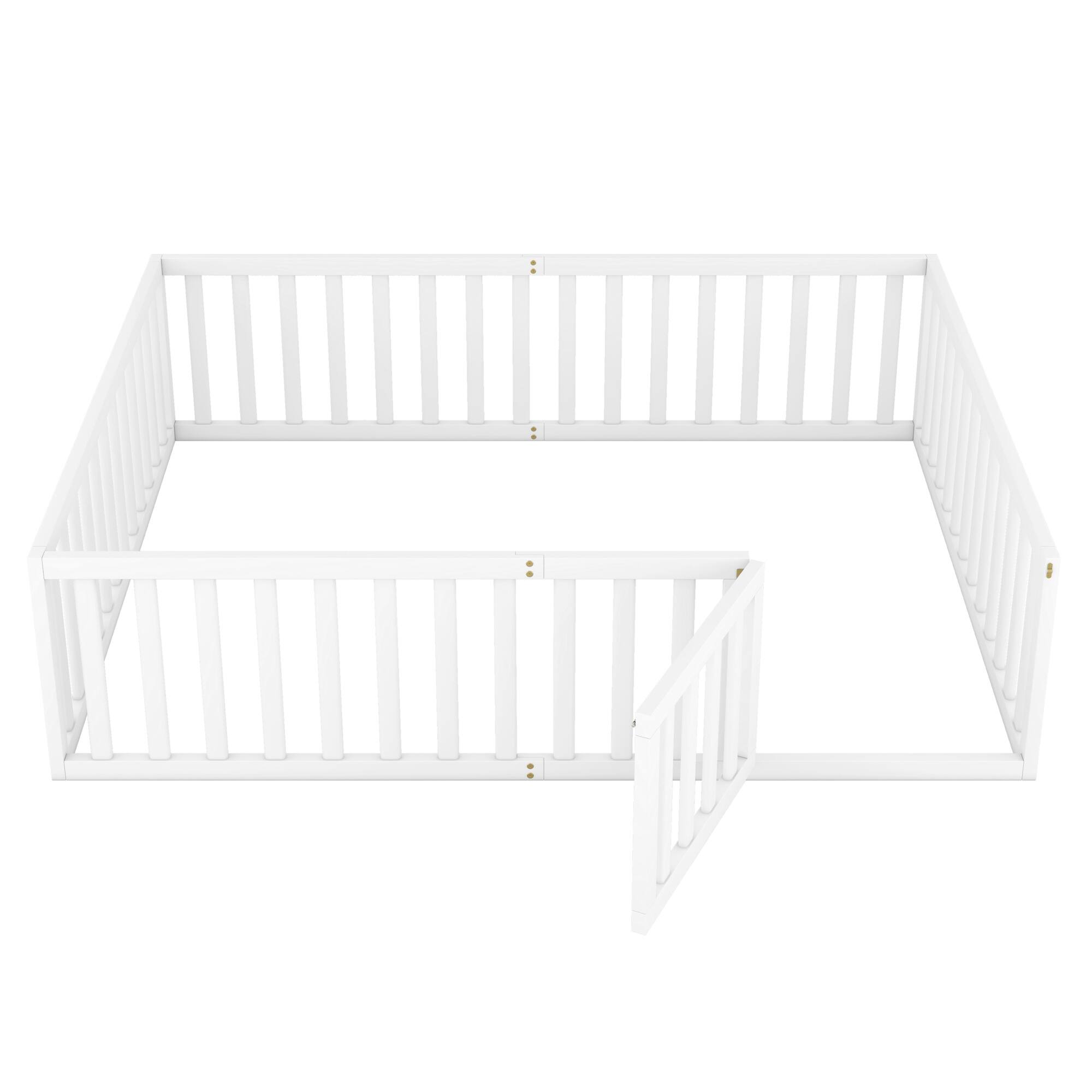 GOODSILO - Queen Size Wooden Floor Bed Frame with Safety Fence and Fun Door for Children's Bedroom - White