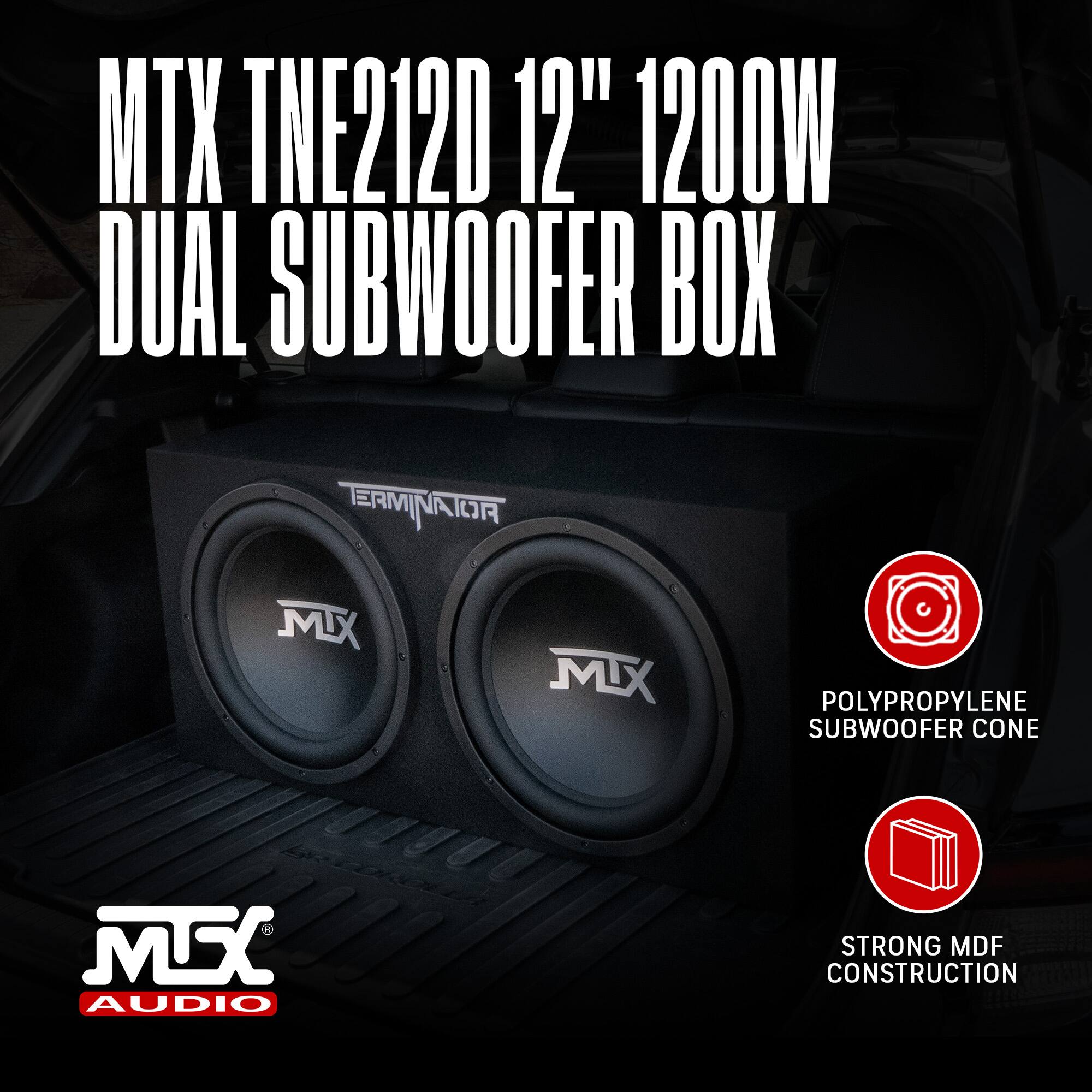 MTX TNE212D 12" 1200W DUAL SUBWOOFER BOX

- POLYPROPYLENE SUBWOOFER CONE
- STRONG MDF CONSTRUCTION